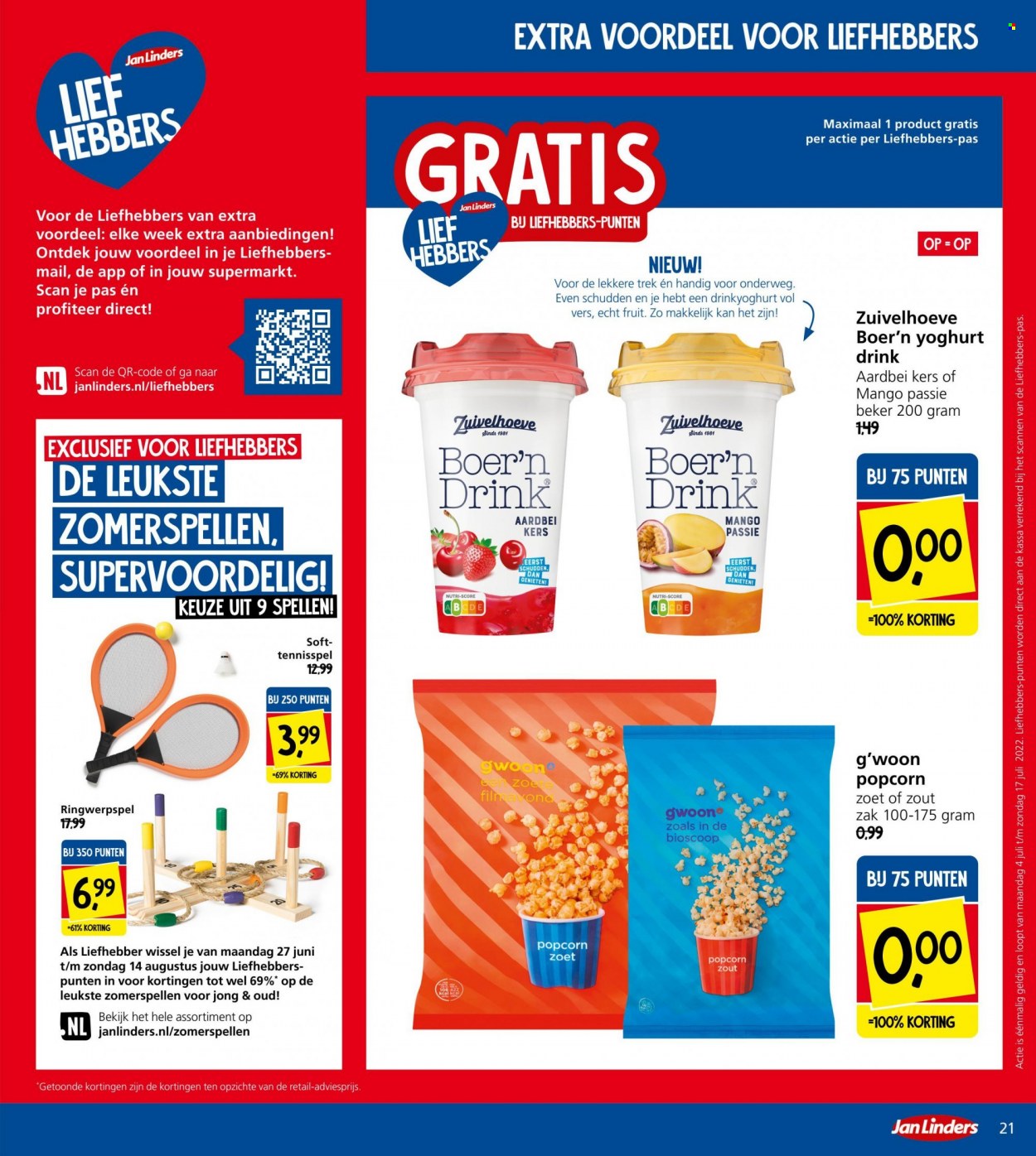 thumbnail - Jan Linders-aanbieding - 4-7-2022 - 10-7-2022 -  producten in de aanbieding - mango, drinkyoghurt, yoghurtdrink, popcorn. Pagina 21.