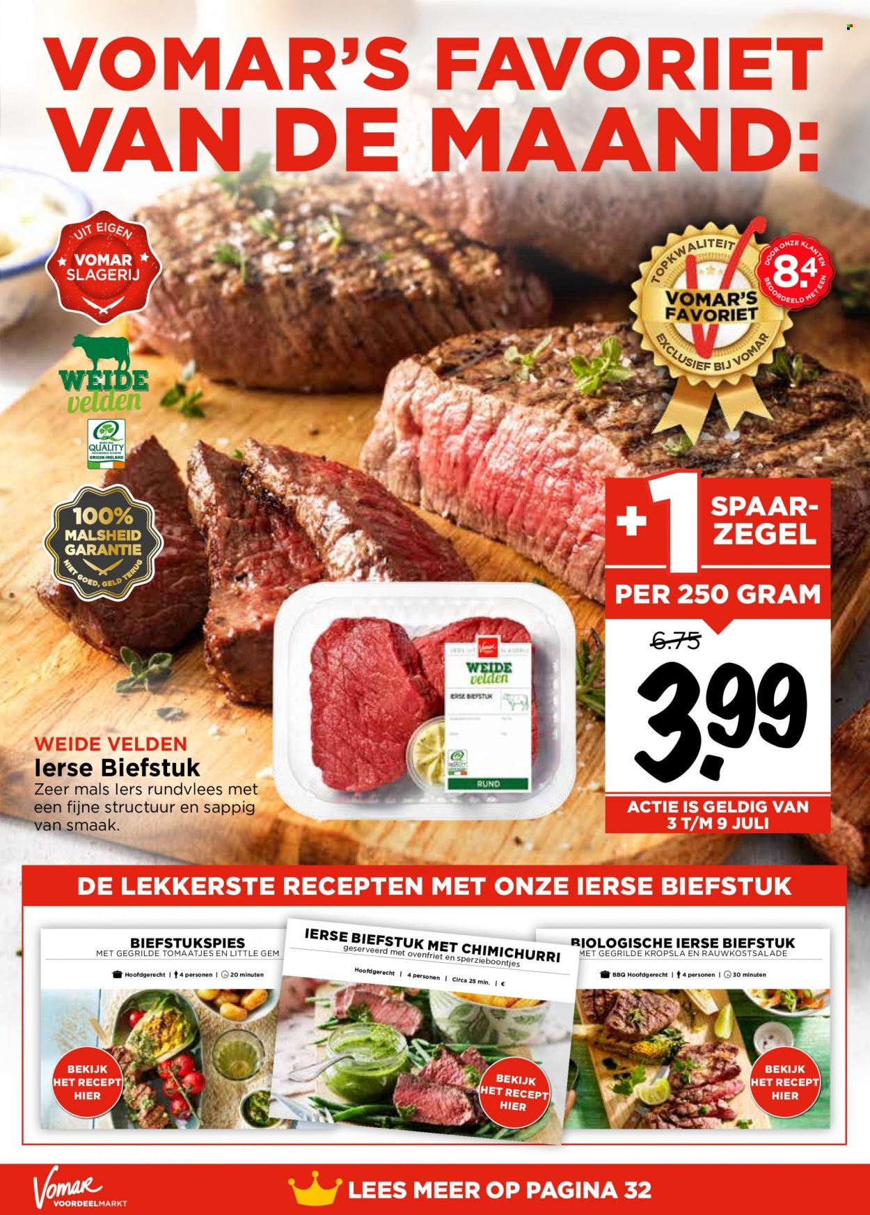 thumbnail - Vomar-aanbieding - 3-7-2022 - 9-7-2022 -  producten in de aanbieding - steak, little gem, biefstuk, rundvlees, BBQ. Pagina 17.