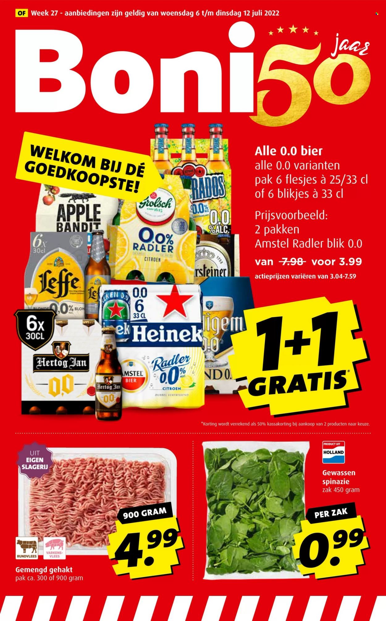 thumbnail - Boni-aanbieding - 6-7-2022 - 12-7-2022 -  producten in de aanbieding - Leffe, Amstel Bier, Hertog Jan, Grolsch, bier, Radler, spinazie, rundvlees. Pagina 1.