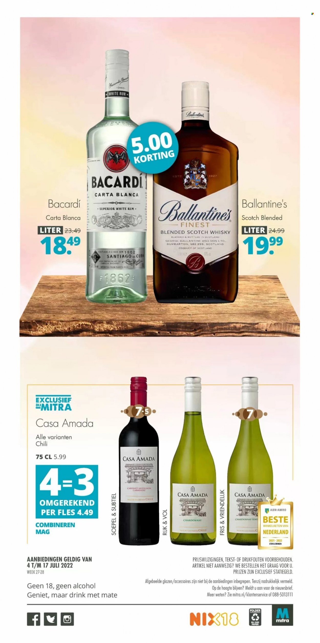 thumbnail - Mitra-aanbieding - 4-7-2022 - 17-7-2022 -  producten in de aanbieding - Cabernet Sauvignon, Chardonnay, Bacardi, blended scotch whisky, rum, scotch whisky, whisky, Ballantine's. Pagina 14.