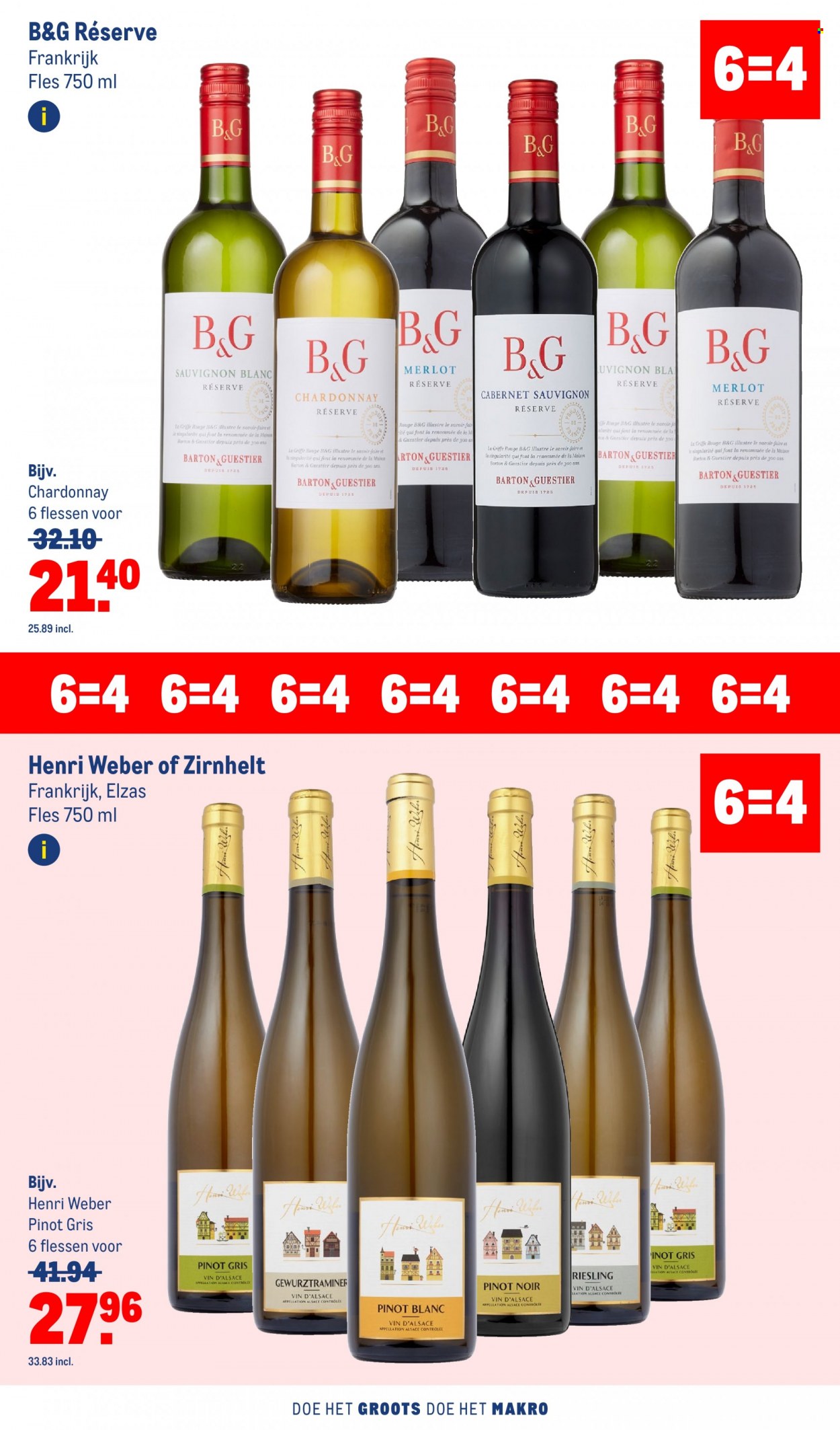 thumbnail - Makro-aanbieding - 6-7-2022 - 19-7-2022 -  producten in de aanbieding - Cabernet Sauvignon, Chardonnay, Merlot, riesling, Pinot Noir, Sauvignon Blanc, Vin d’Alsace, Pinot Griggio, Frankrijk. Pagina 44.