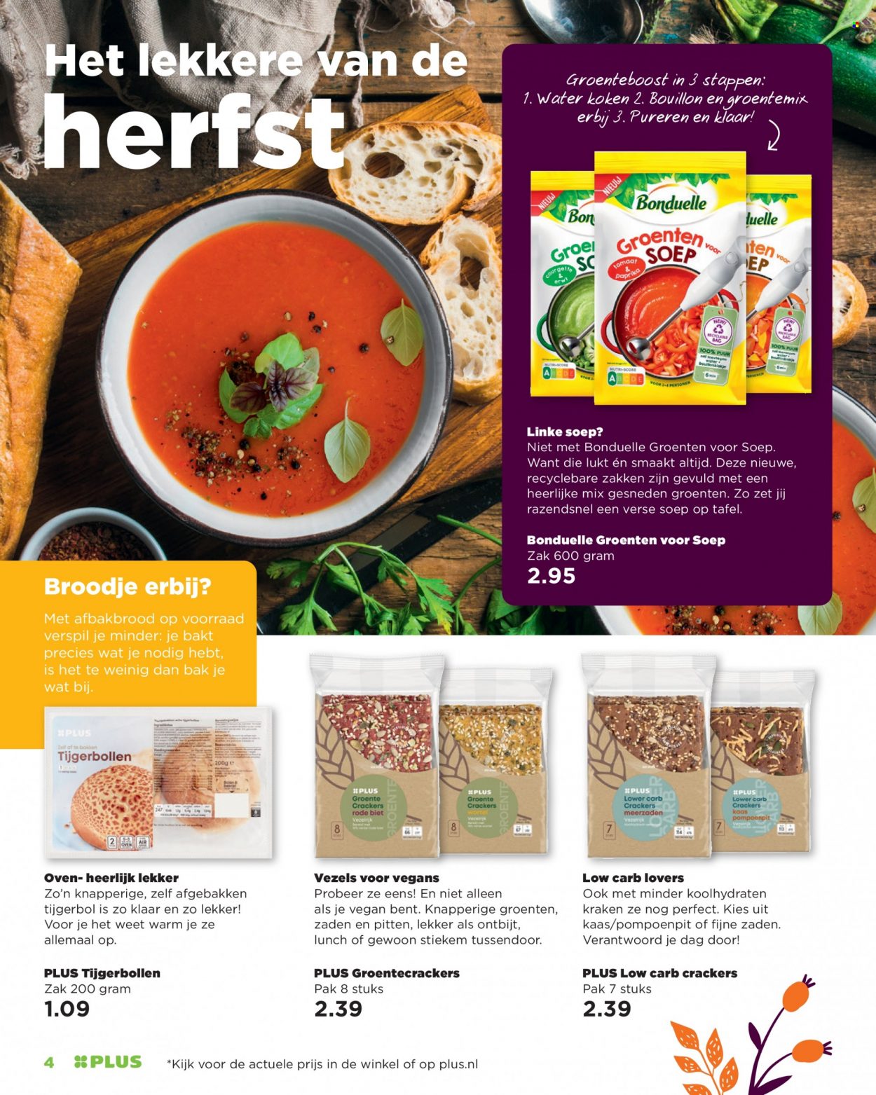 thumbnail - Plus-aanbieding -  producten in de aanbieding - afbakbrood, soep, kaas, Bonduelle, crackers. Pagina 4.