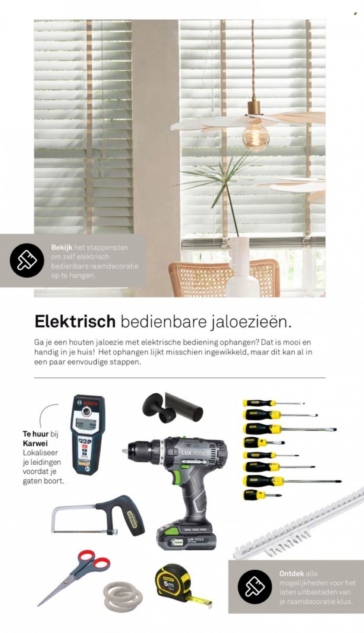 thumbnail - Karwei-aanbieding -  producten in de aanbieding - Stanley, Bosch, jaloezie, raamdecoratie. Pagina 91.