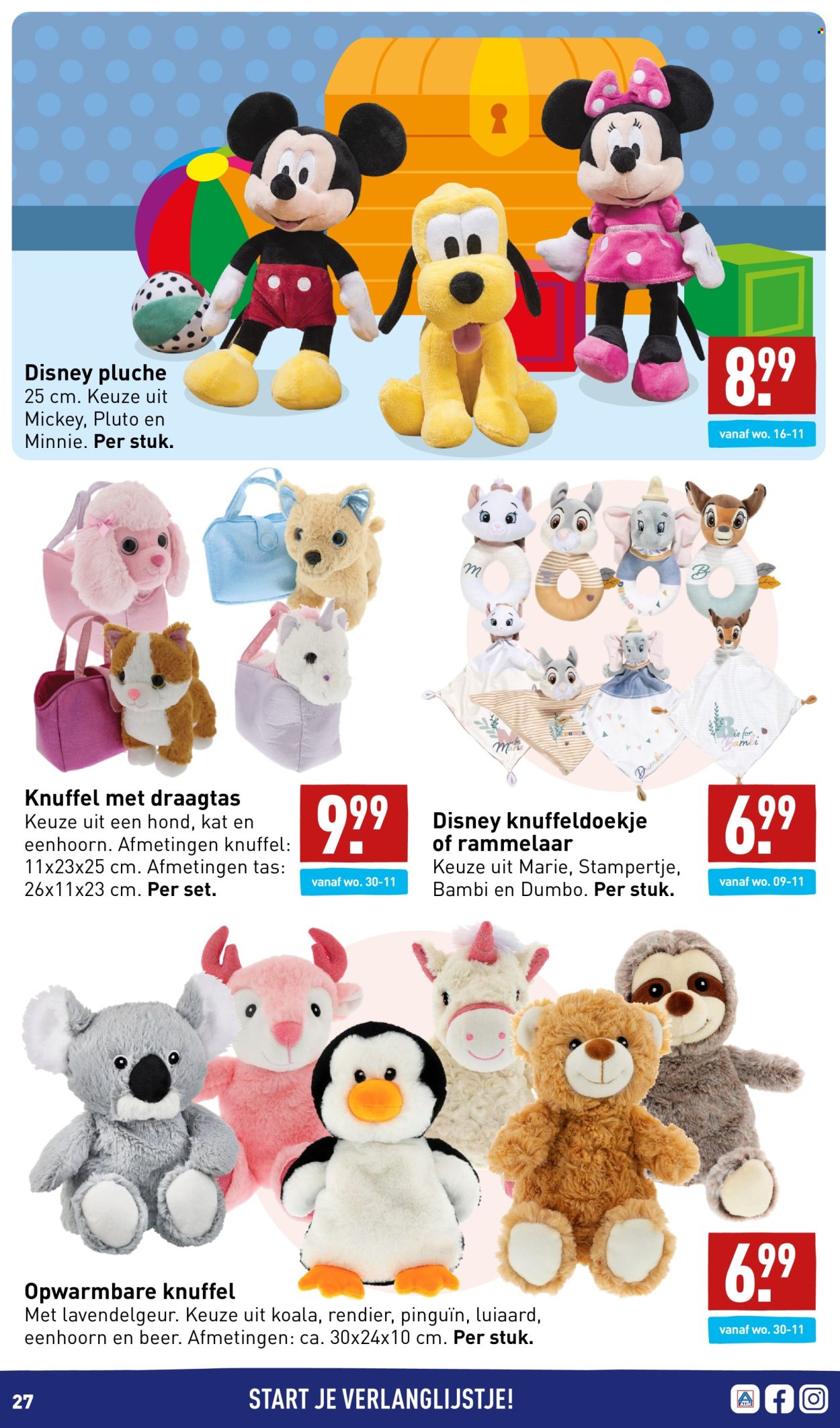 thumbnail - Aldi-aanbieding -  producten in de aanbieding - Disney, tas, eenhoorn, knuffel. Pagina 27.