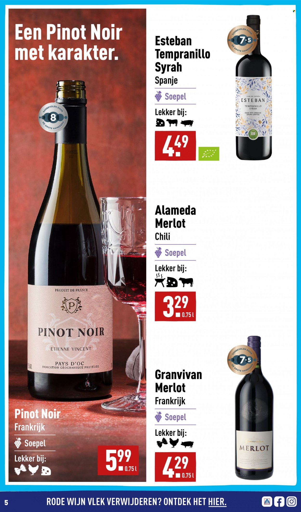 thumbnail - Aldi-aanbieding -  producten in de aanbieding - Merlot, Pinot Noir, rode wijn, wijn, Frankrijk, Syrah. Pagina 5.