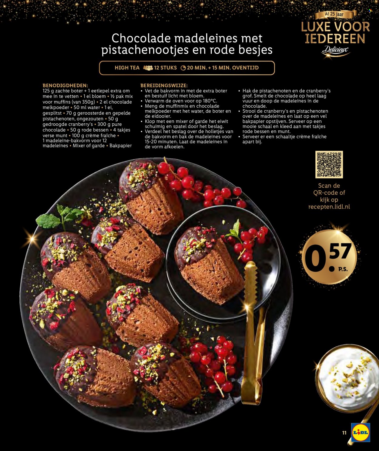thumbnail - Lidl-aanbieding -  producten in de aanbieding - Madeleines, muffins, bessen, crème, ei, crème fraîche, pure chocolade, thee. Pagina 11.