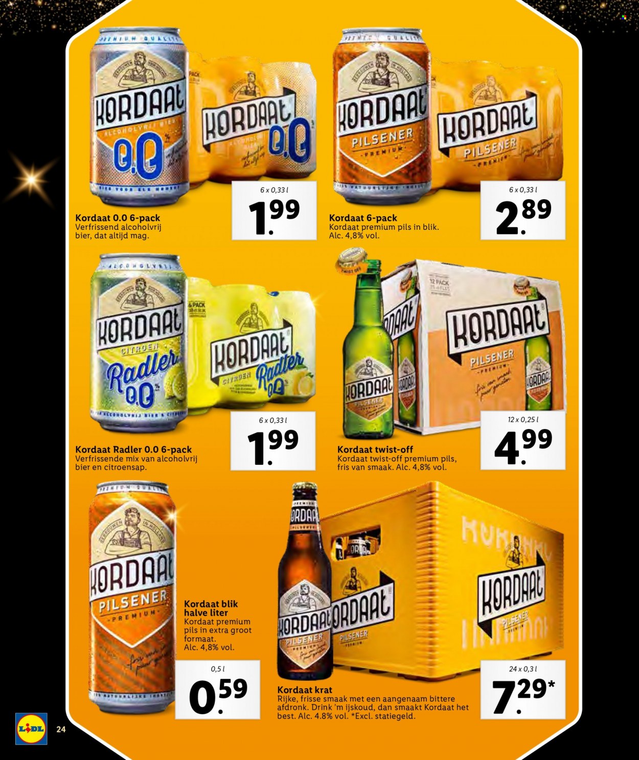 thumbnail - Lidl-aanbieding -  producten in de aanbieding - pilsener, bier, Radler, citroensap. Pagina 24.