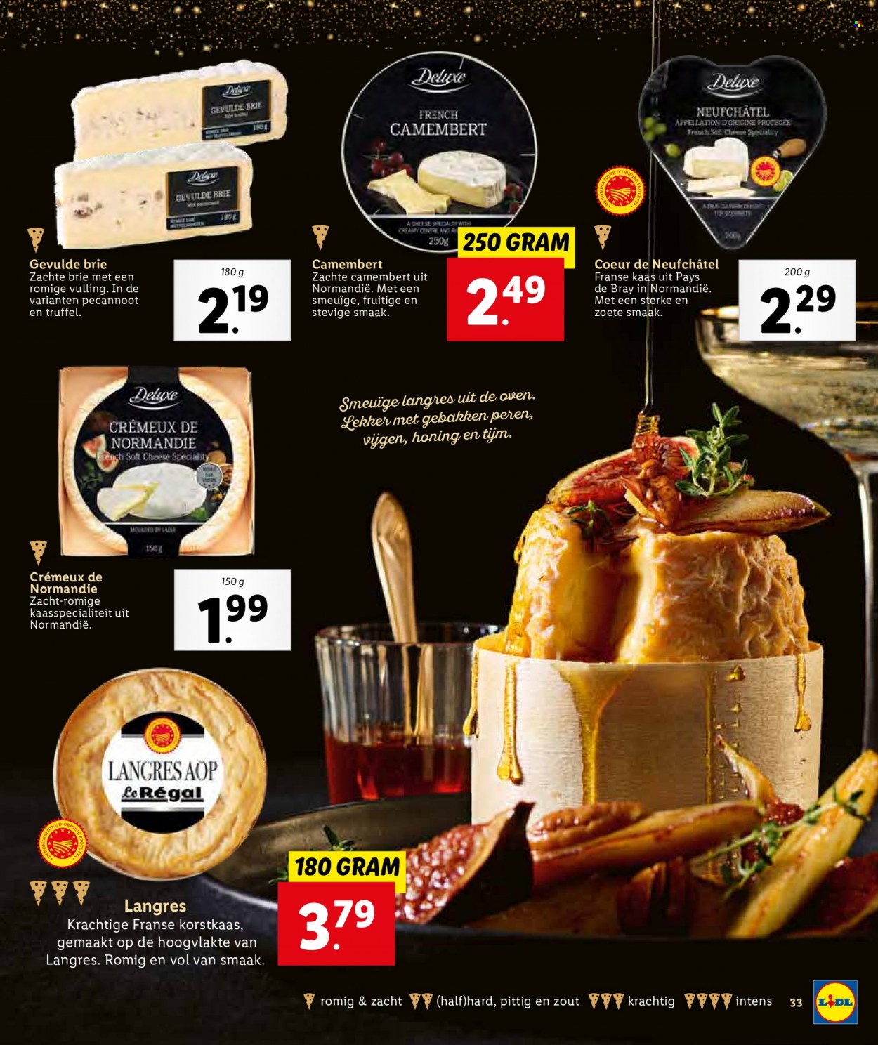 thumbnail - Lidl-aanbieding -  producten in de aanbieding - truffel, vijgen, Camembert, kaas, Neufchâtel, Brie. Pagina 33.