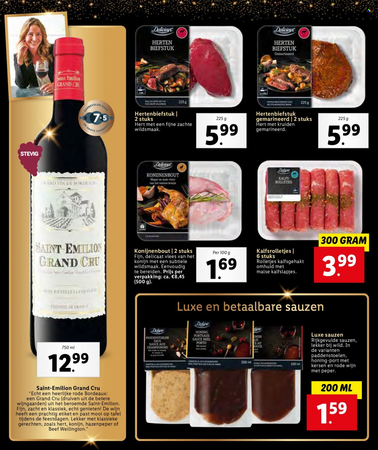 thumbnail - Lidl-aanbieding -  producten in de aanbieding - rolletjes, hertenbiefstuk, hert, konijn, wijn, Bordeaux, tafel. Pagina 60.