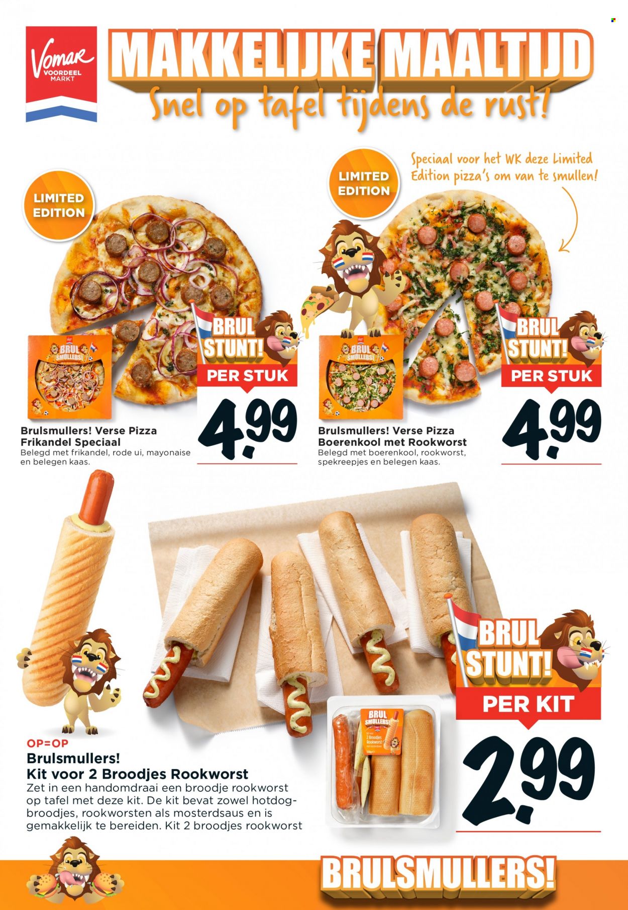 thumbnail - Vomar-aanbieding -  producten in de aanbieding - broodje, boerenkool, pizza, spekreepjes, belegen kaas, kaas, mayonaise, tafel. Pagina 9.