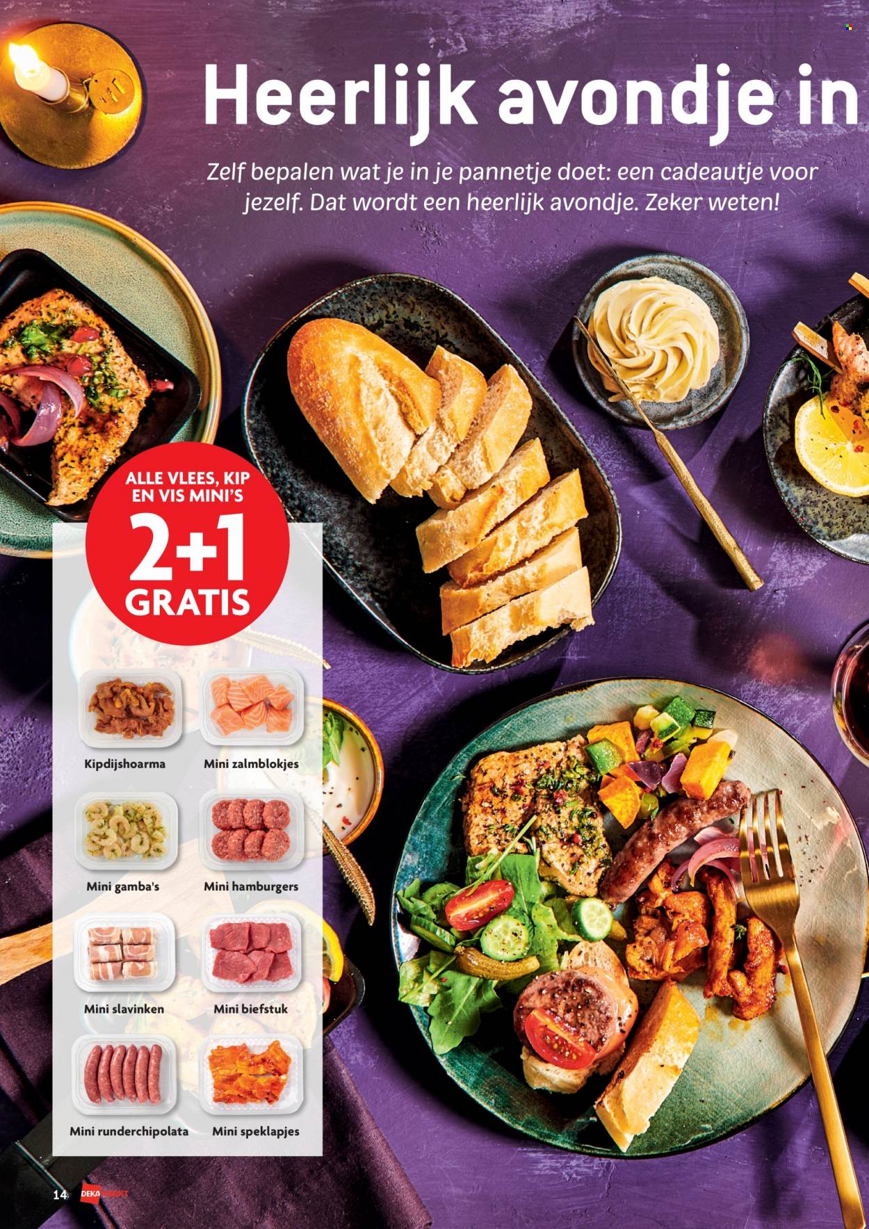 thumbnail - DekaMarkt-aanbieding -  producten in de aanbieding - steak, biefstuk, hamburger, zalmblokjes, speklapjes. Pagina 14.