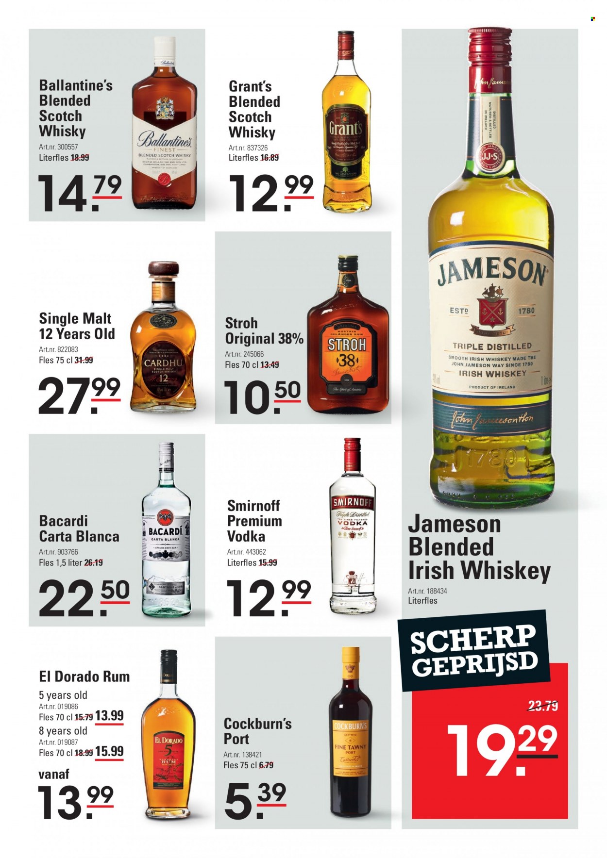 thumbnail - Sligro-aanbieding - 17-11-2022 - 5-12-2022 -  producten in de aanbieding - Bacardi, blended scotch whisky, rum, irish whiskey, Jameson, scotch whisky, Single Malt, Smirnoff, vodka, whiskey, whisky, Grant‘s, Ballantine's, Cardhu, Stroh. Pagina 11.