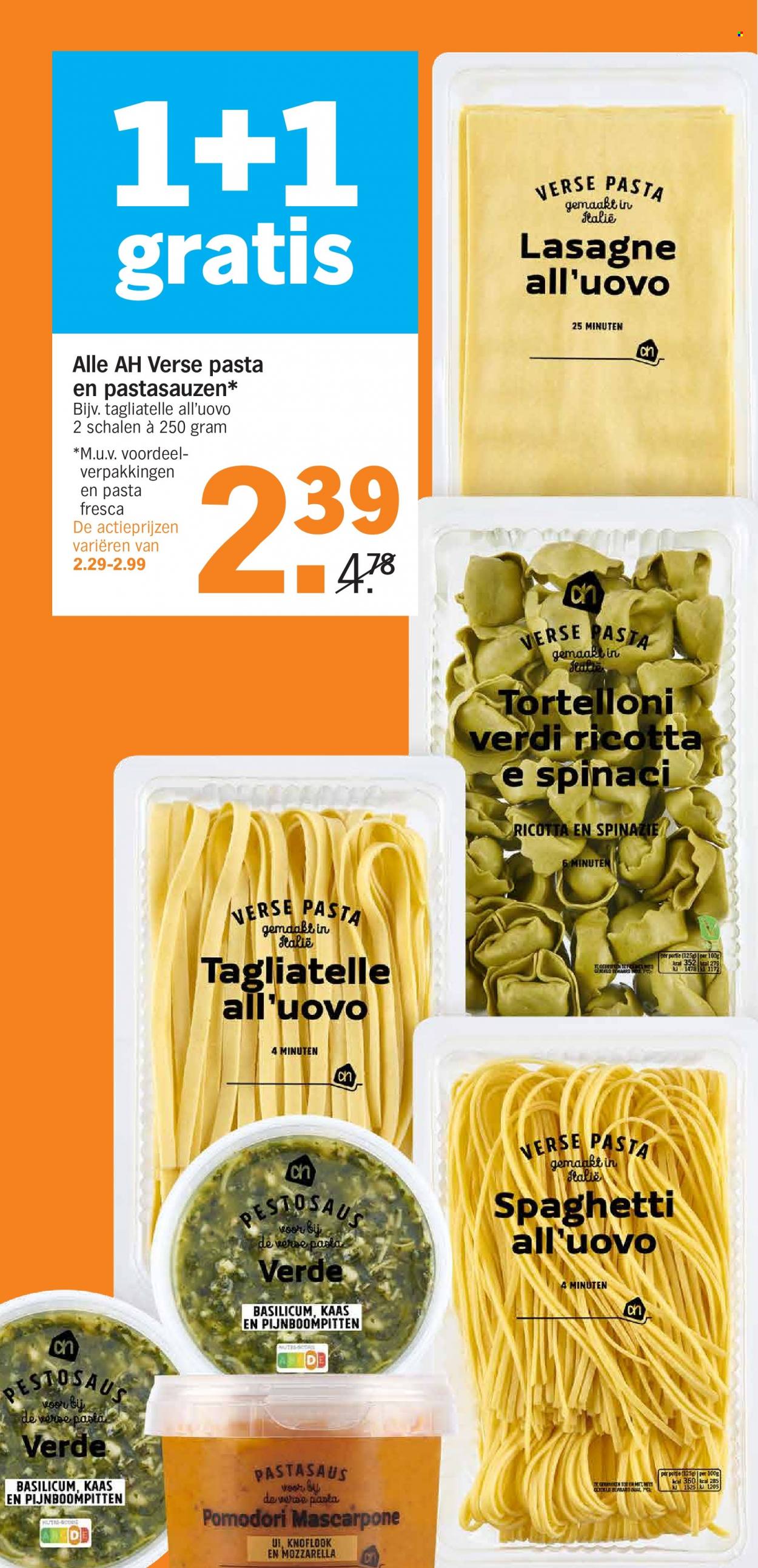 thumbnail - Albert Heijn-aanbieding - 21-11-2022 - 27-11-2022 -  producten in de aanbieding - lasagne, tortelloni, kaas, Mascarpone, mozzarella, ricotta, pasta, spaghetti, tagliatelle. Pagina 14.