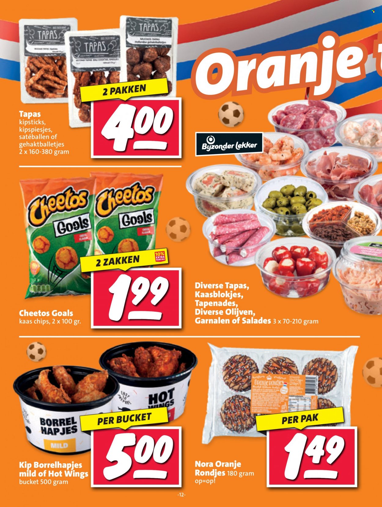thumbnail - Nettorama-aanbieding - 21-11-2022 - 27-11-2022 -  producten in de aanbieding - oranje, garnalen, tapas, gehaktballetjes, kaas, kaasblokjes, cheetos, chips, olijven. Pagina 12.