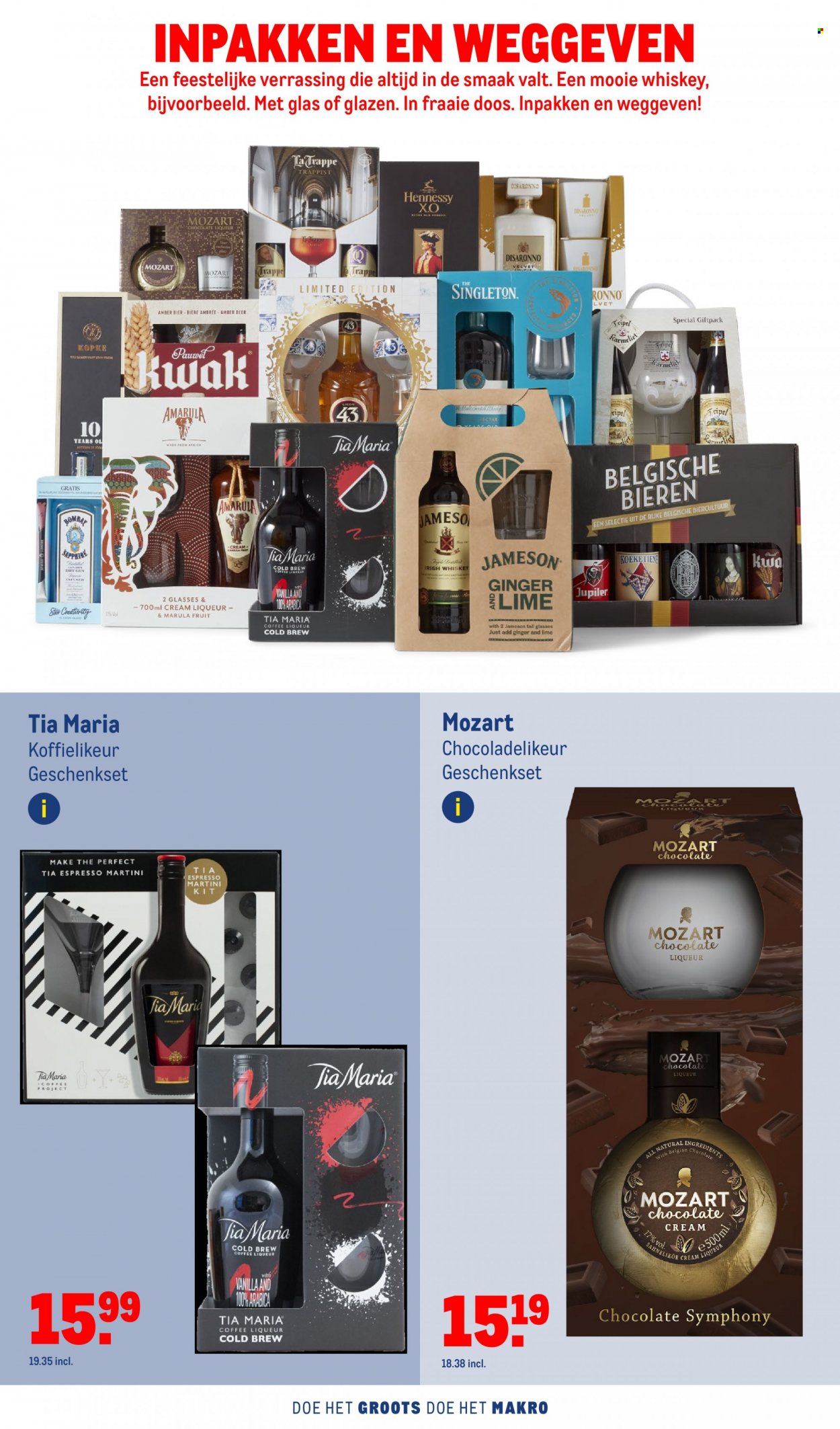 thumbnail - Makro-aanbieding - 23-11-2022 - 24-12-2022 -  producten in de aanbieding - geschenkset, Jupiler, bier, irish whiskey, Jameson, koffielikeur, liqueur, Tia Maria, whiskey, whisky, glazen. Pagina 42.