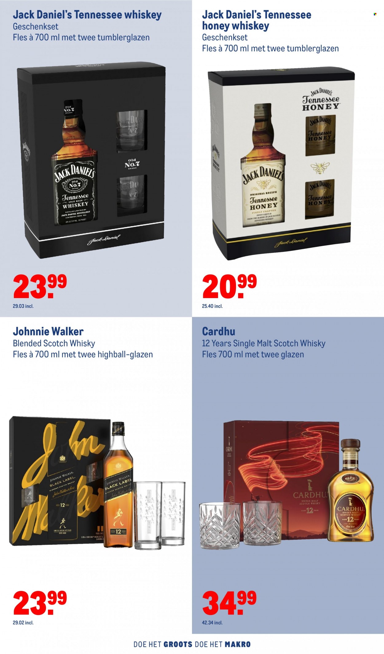 thumbnail - Makro-aanbieding - 23-11-2022 - 24-12-2022 -  producten in de aanbieding - geschenkset, blended scotch whisky, Jack Daniel's, liqueur, scotch whisky, Single Malt, Tennessee Whiskey, whiskey, whisky, Johnnie Walker, Cardhu, glazen. Pagina 46.