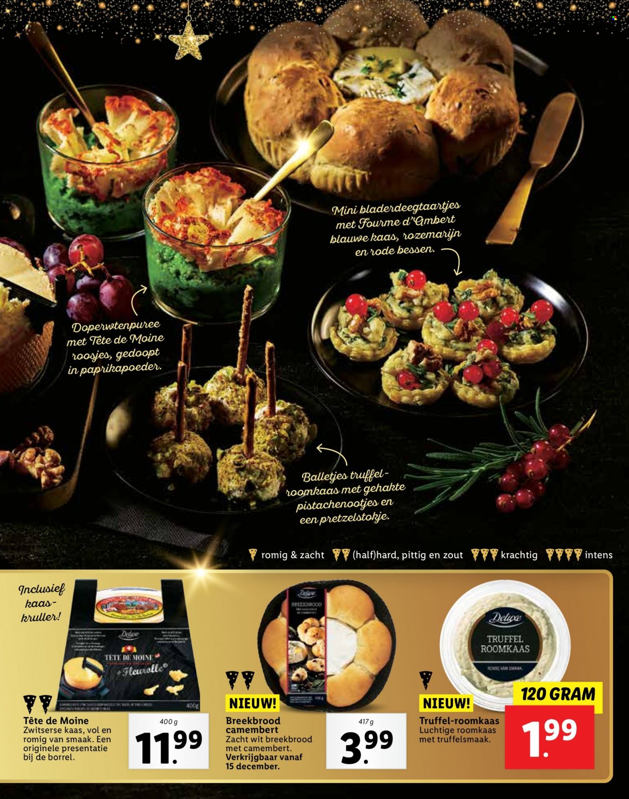 thumbnail - Lidl-aanbieding - 28-11-2022 - 26-12-2022 -  producten in de aanbieding - truffel, breekbrood, bessen, Camembert, kaas, roomkaas, Fourme d'Ambert, paprikapoeder, rozemarijn. Pagina 13.