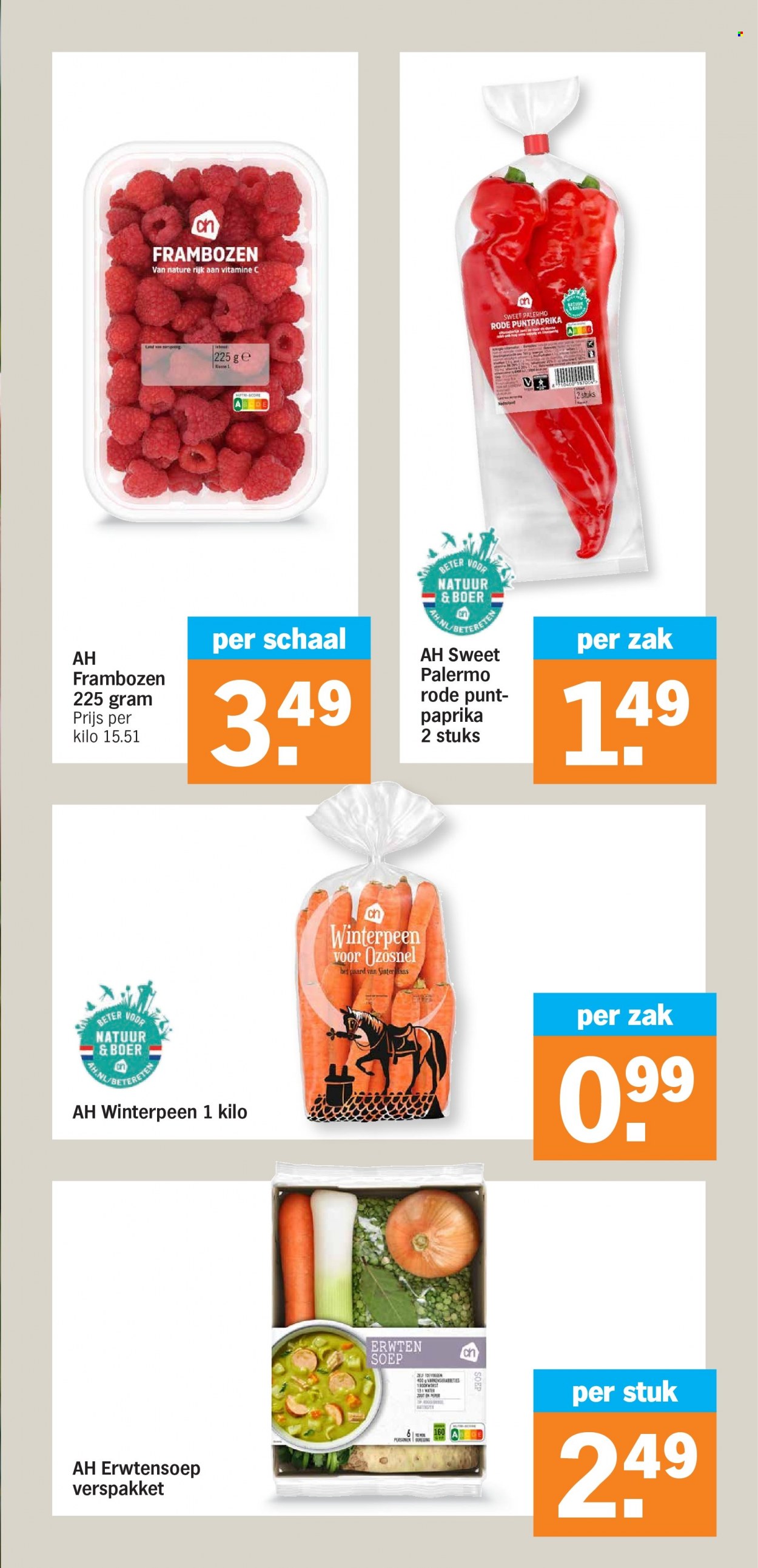 thumbnail - Albert Heijn-aanbieding - 28-11-2022 - 4-12-2022 -  producten in de aanbieding - puntpaprika, rode paprika, winterpeen, frambozen, soep. Pagina 9.