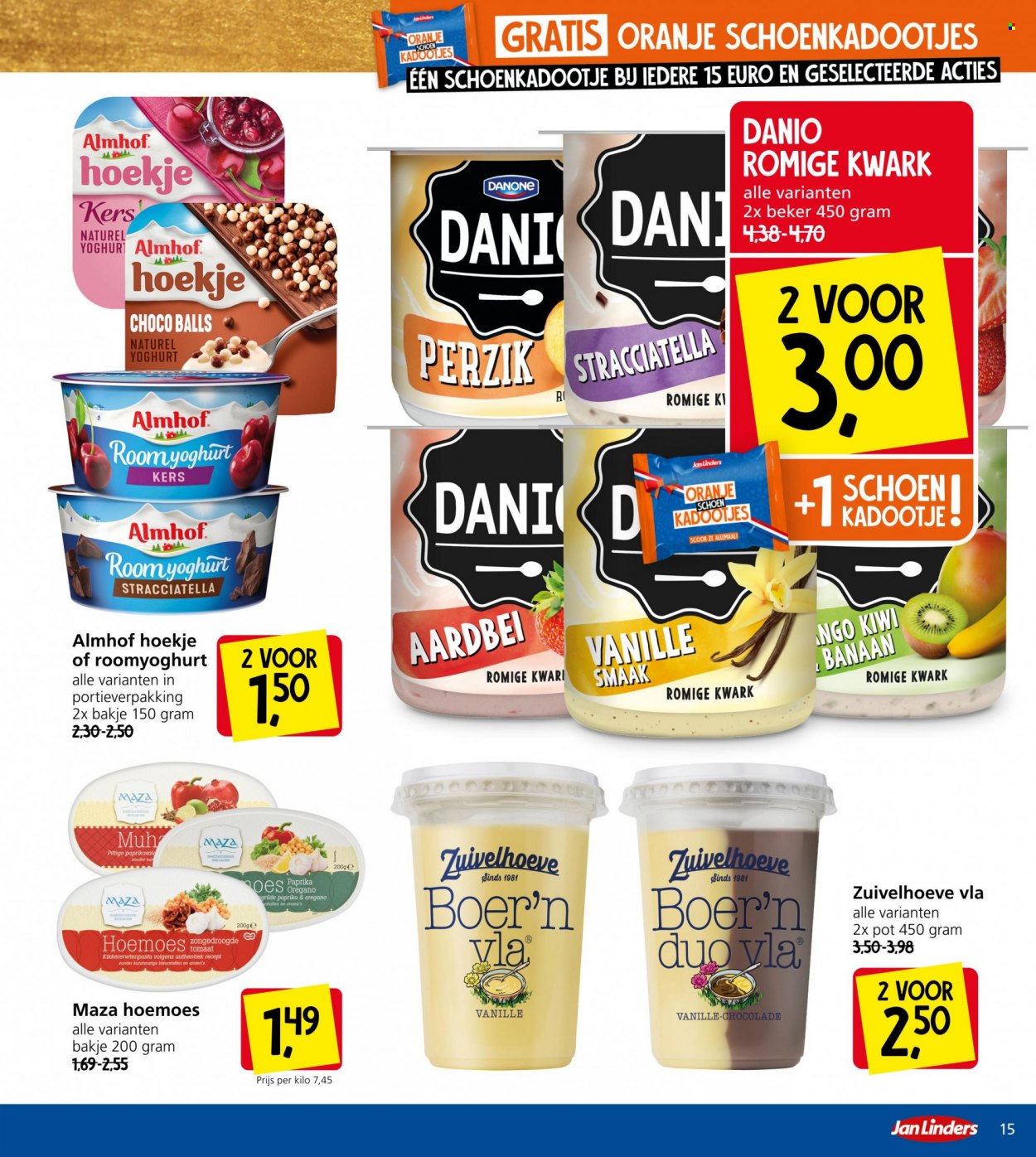 thumbnail - Jan Linders-aanbieding - 28-11-2022 - 4-12-2022 -  producten in de aanbieding - oranje, hummus, Danone, Almhof, kwark, yoghurt, room, chocolade, oregano. Pagina 15.