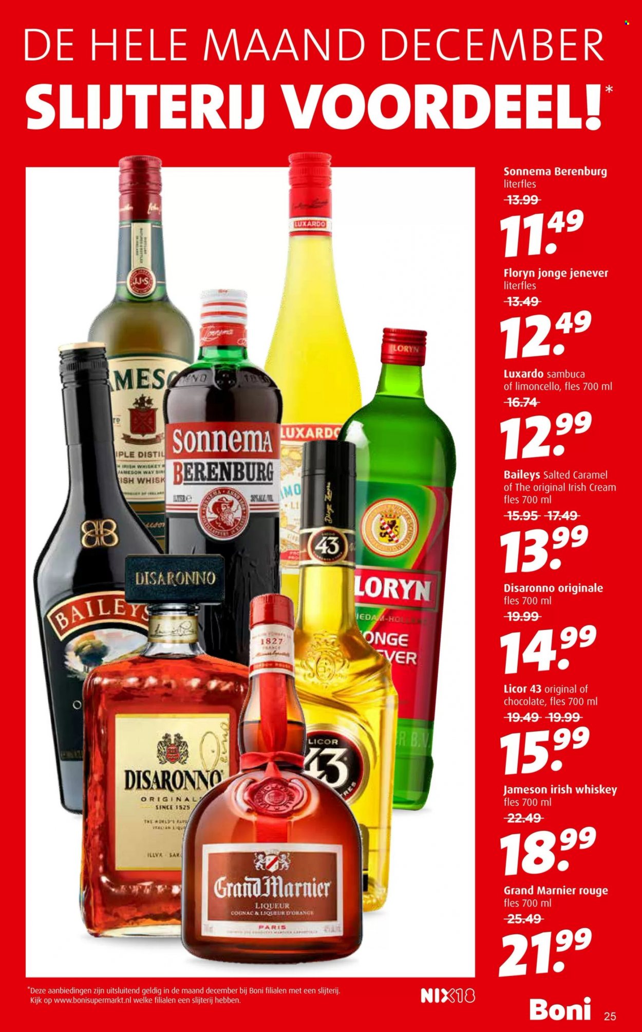 thumbnail - Boni-aanbieding - 30-11-2022 - 6-12-2022 -  producten in de aanbieding - cognac, irish whiskey, Jameson, liqueur, whiskey, Grand Marnier, Jenever, Baileys, Sambuca. Pagina 25.