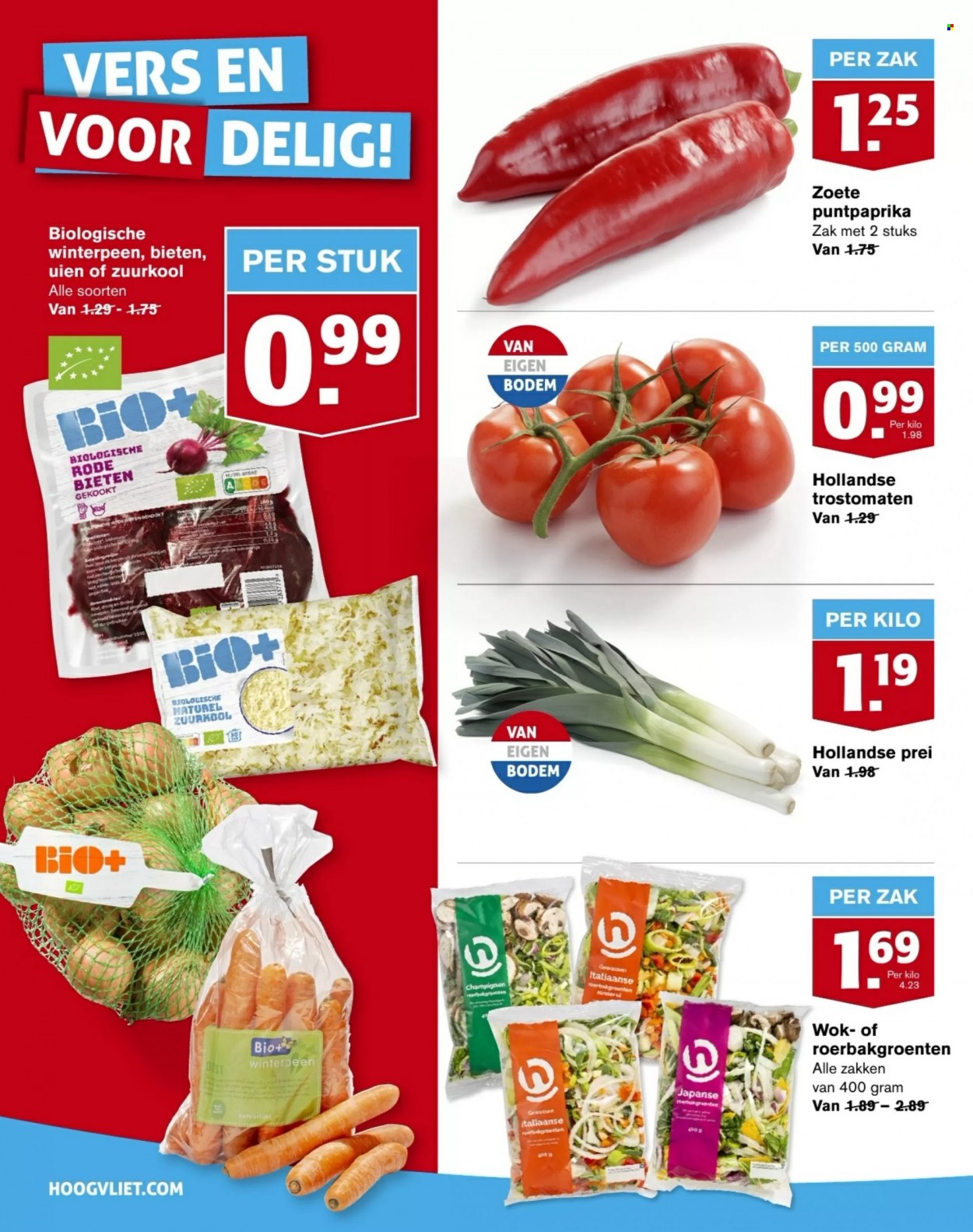 thumbnail - Hoogvliet-aanbieding - 30-11-2022 - 6-12-2022 -  producten in de aanbieding - puntpaprika, prei, tomaten, trostomaat, uien, winterpeen, zuurkool. Pagina 6.