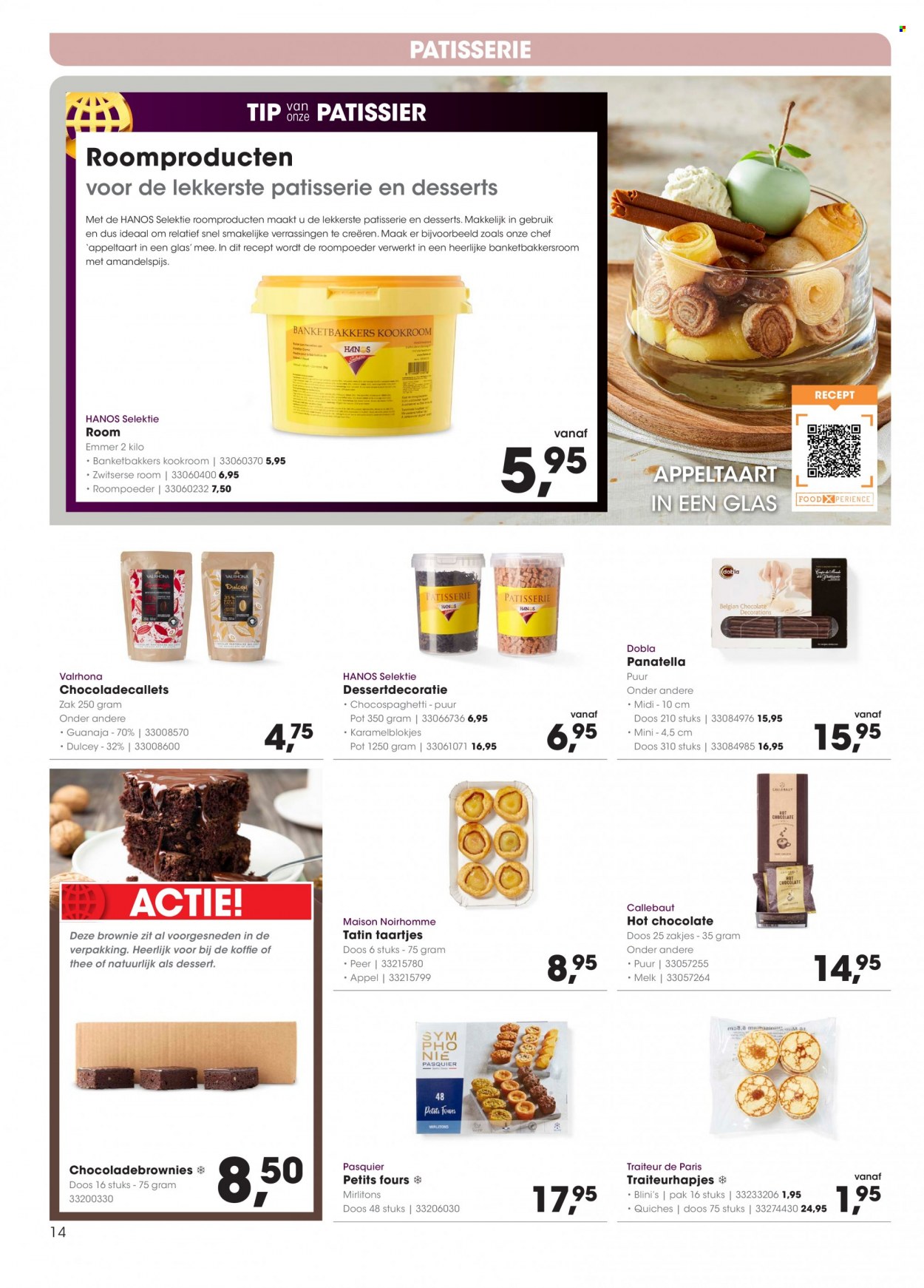 thumbnail - Hanos-aanbieding - 28-11-2022 - 11-12-2022 -  producten in de aanbieding - appeltaart, Blini’s, brownie, peer, melk, kookroom, room, thee, koffie, glazen. Pagina 14.