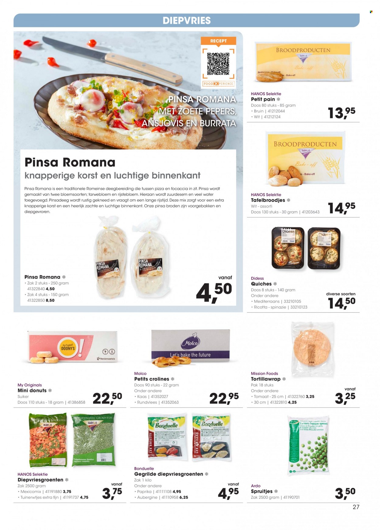 thumbnail - Hanos-aanbieding - 28-11-2022 - 11-12-2022 -  producten in de aanbieding - focaccia, aubergine, rundvlees, kaas, ricotta, Bonduelle, suiker. Pagina 27.