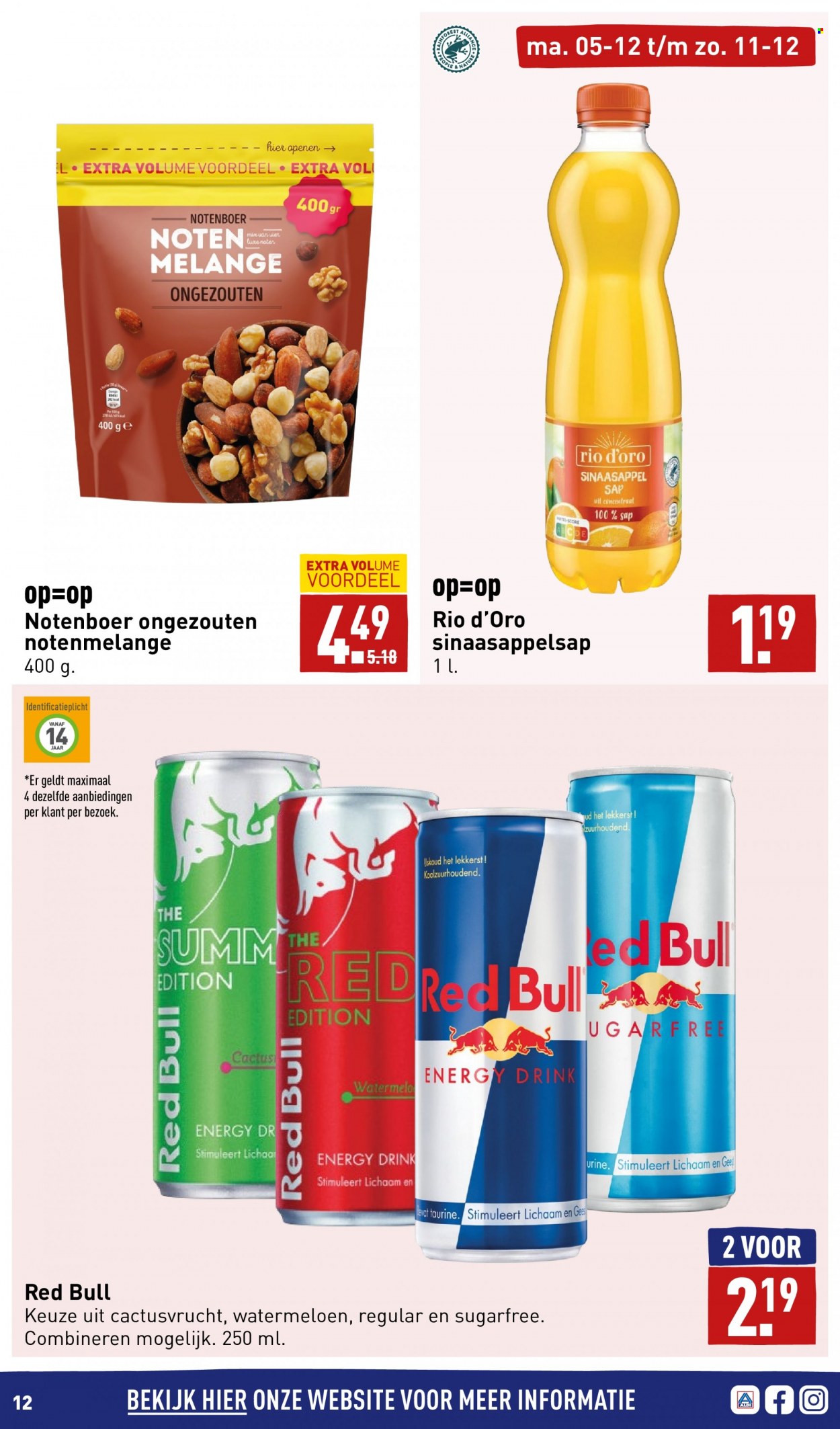 thumbnail - Aldi-aanbieding - 5-12-2022 - 11-12-2022 -  producten in de aanbieding - watermeloen, Notenboer, Red Bull, sinaasappelsap, energy drink. Pagina 12.