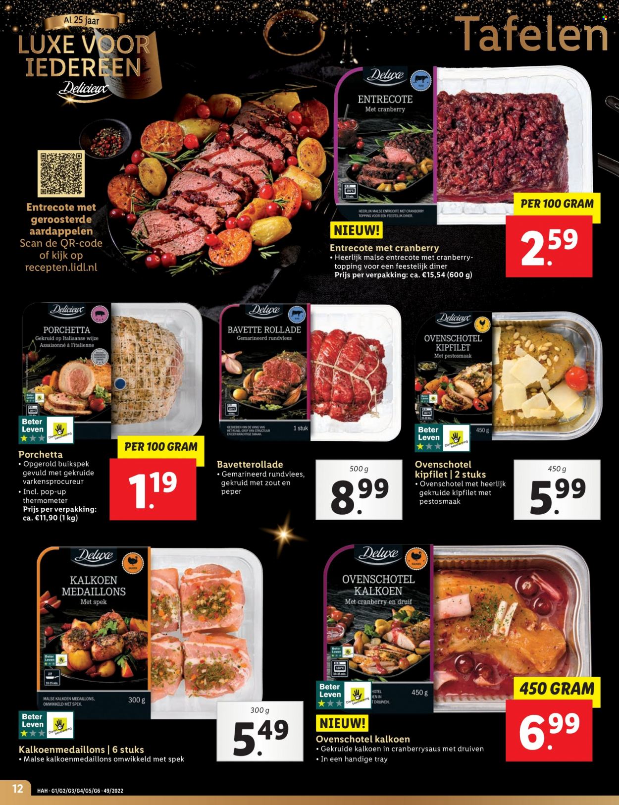 thumbnail - Lidl-aanbieding - 5-12-2022 - 11-12-2022 -  producten in de aanbieding - aardappelen, druiven, kipfilet, entrecote, rundvlees, ovenschotel, porchetta, cranberry’s. Pagina 12.