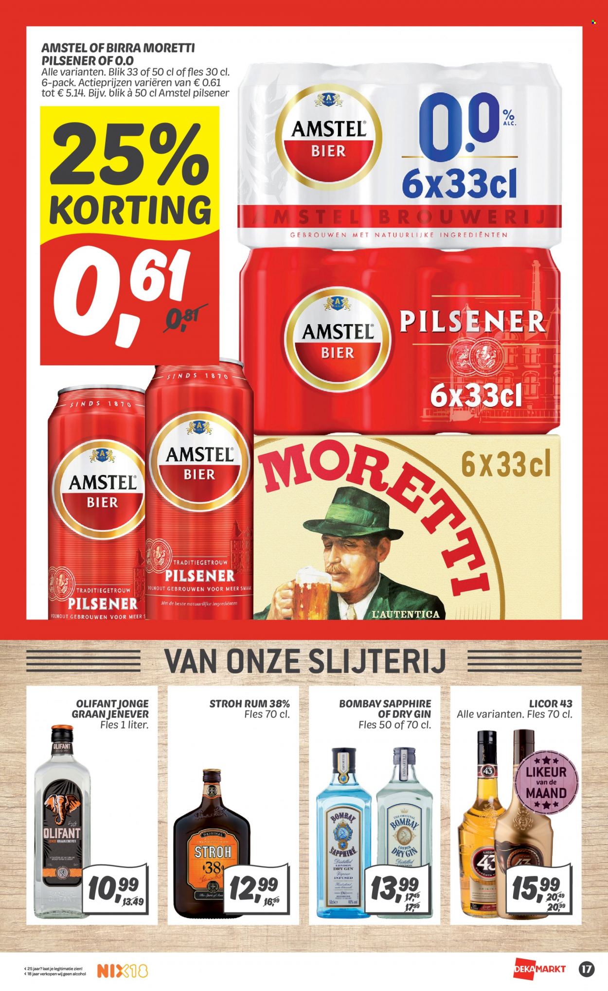 thumbnail - DekaMarkt-aanbieding - 4-12-2022 - 10-12-2022 -  producten in de aanbieding - pilsener, Amstel Bier, bier, Birra Moretti, rum, London Dry Gin, gin, Jenever, Stroh. Pagina 17.