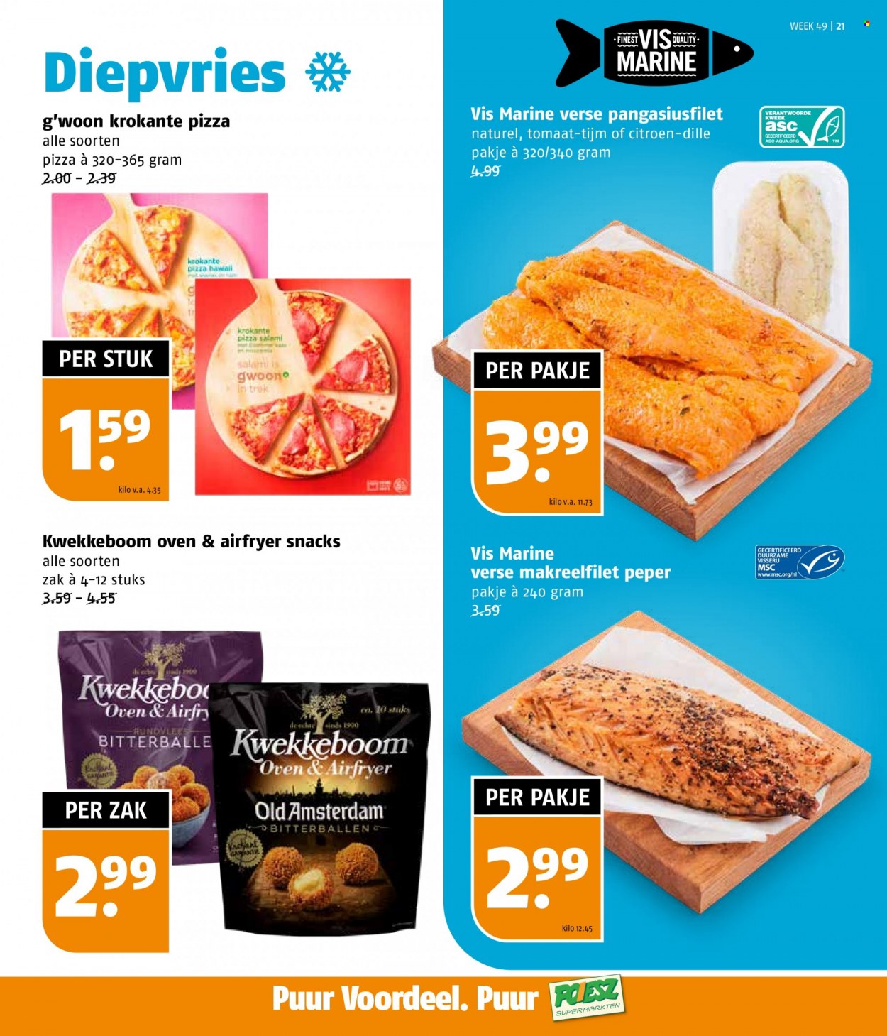 thumbnail - Poiesz-aanbieding - 5-12-2022 - 11-12-2022 -  producten in de aanbieding - rundvlees, makreel, pizza, kaas, Old Amsterdam, Kwekkeboom. Pagina 21.