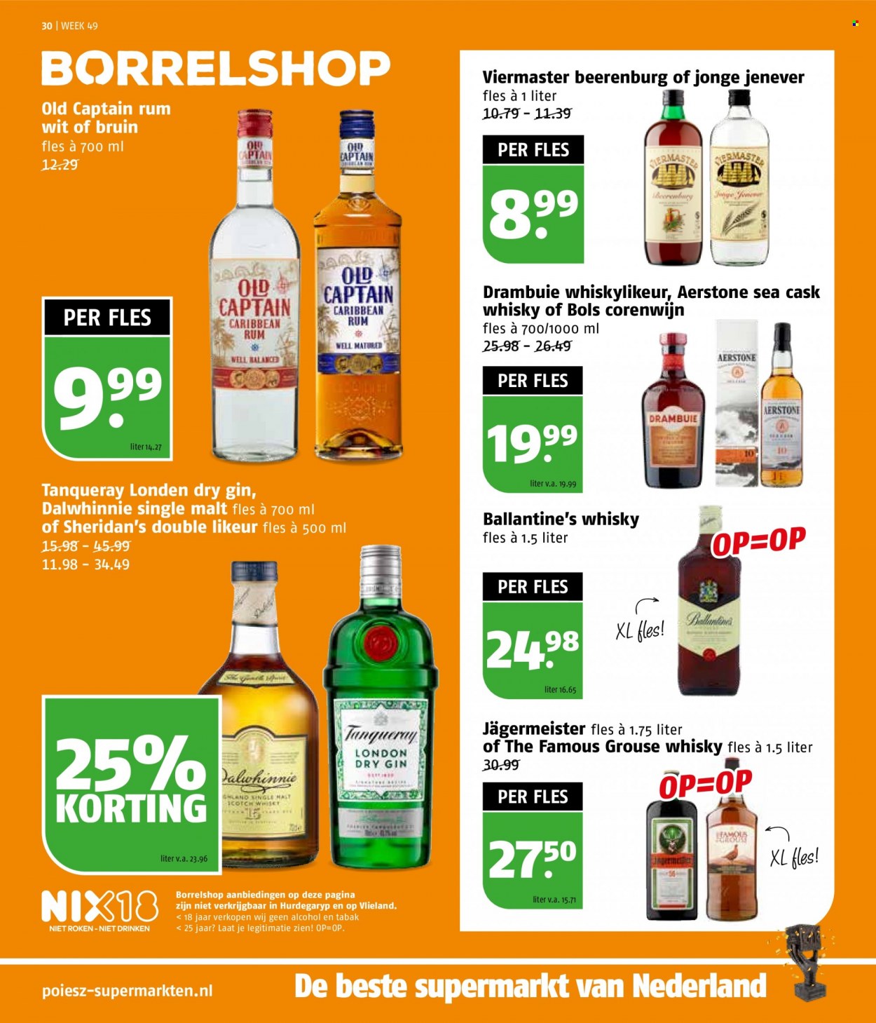 thumbnail - Poiesz-aanbieding - 5-12-2022 - 11-12-2022 -  producten in de aanbieding - Beerenburg, rum, Drambuie, Jägermeister, Single Malt, whisky, gin, Bols, Jenever, Ballantine's. Pagina 30.