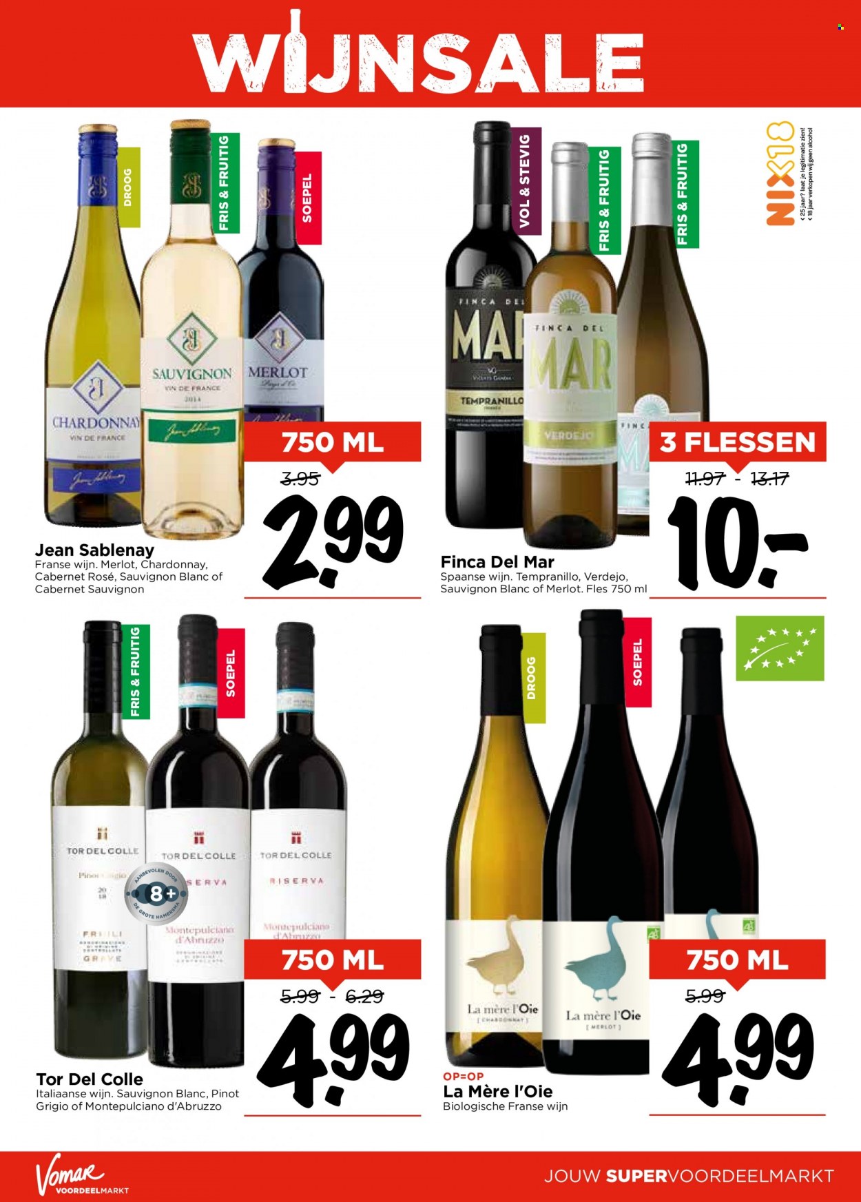 thumbnail - Vomar-aanbieding - 4-12-2022 - 10-12-2022 -  producten in de aanbieding - Cabernet Sauvignon, Chardonnay, Merlot, Montepulciano, Sauvignon Blanc, wijn. Pagina 19.