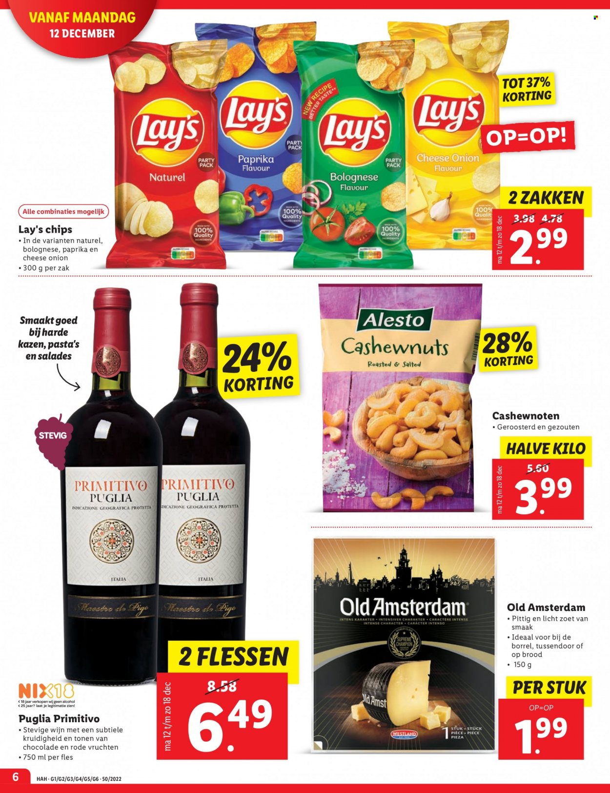 thumbnail - Lidl-aanbieding - 12-12-2022 - 18-12-2022 -  producten in de aanbieding - brood, kaas, Old Amsterdam, chips, cashewnoten, wijn. Pagina 6.