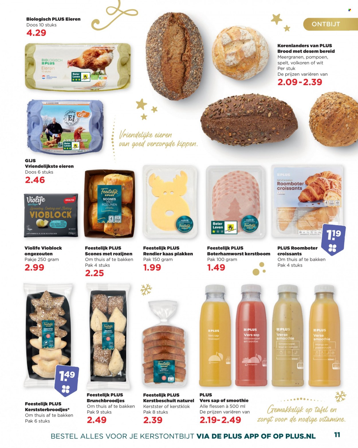 thumbnail - Plus-aanbieding -  producten in de aanbieding - brood, croissant, scones, kaas, Spelt, rozijnen, smoothie, kerstboom. Pagina 11.