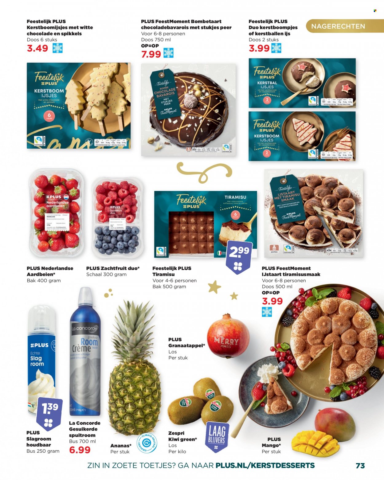 thumbnail - Plus-aanbieding -  producten in de aanbieding - kiwi, mango, peer, granaatappel, ananas, slagroom, chocolade. Pagina 73.