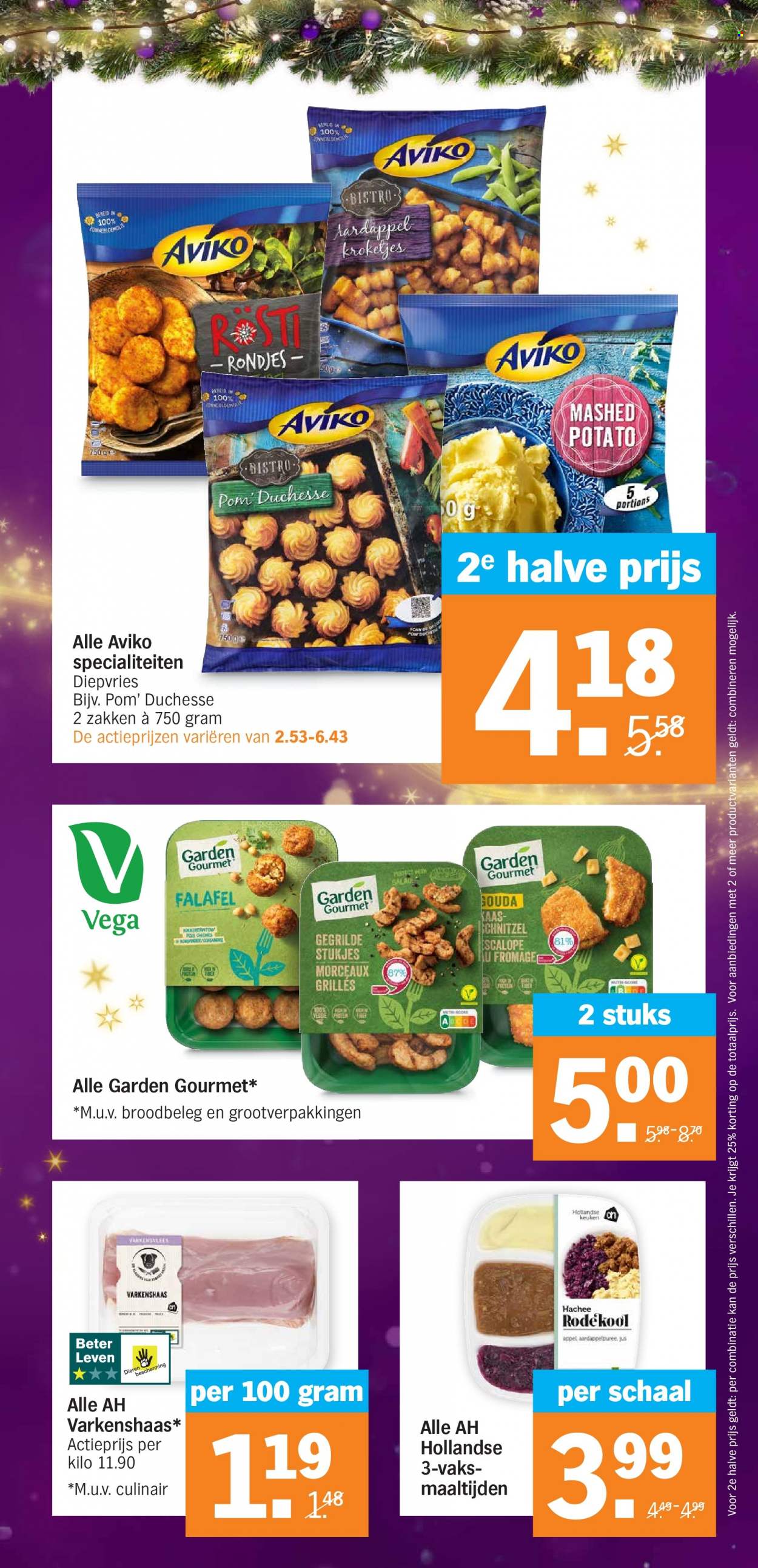 thumbnail - Albert Heijn-aanbieding - 12-12-2022 - 18-12-2022 -  producten in de aanbieding - varkenshaas, varkensvlees, Falafel, kaas, Aviko. Pagina 15.