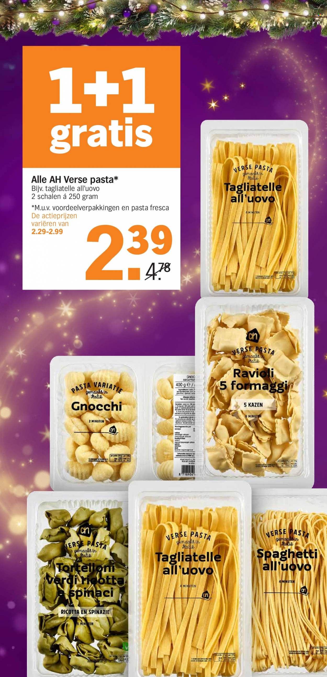 thumbnail - Albert Heijn-aanbieding - 12-12-2022 - 18-12-2022 -  producten in de aanbieding - tortelloni, gnocchi, ricotta, pasta, ravioli, spaghetti, tagliatelle. Pagina 16.