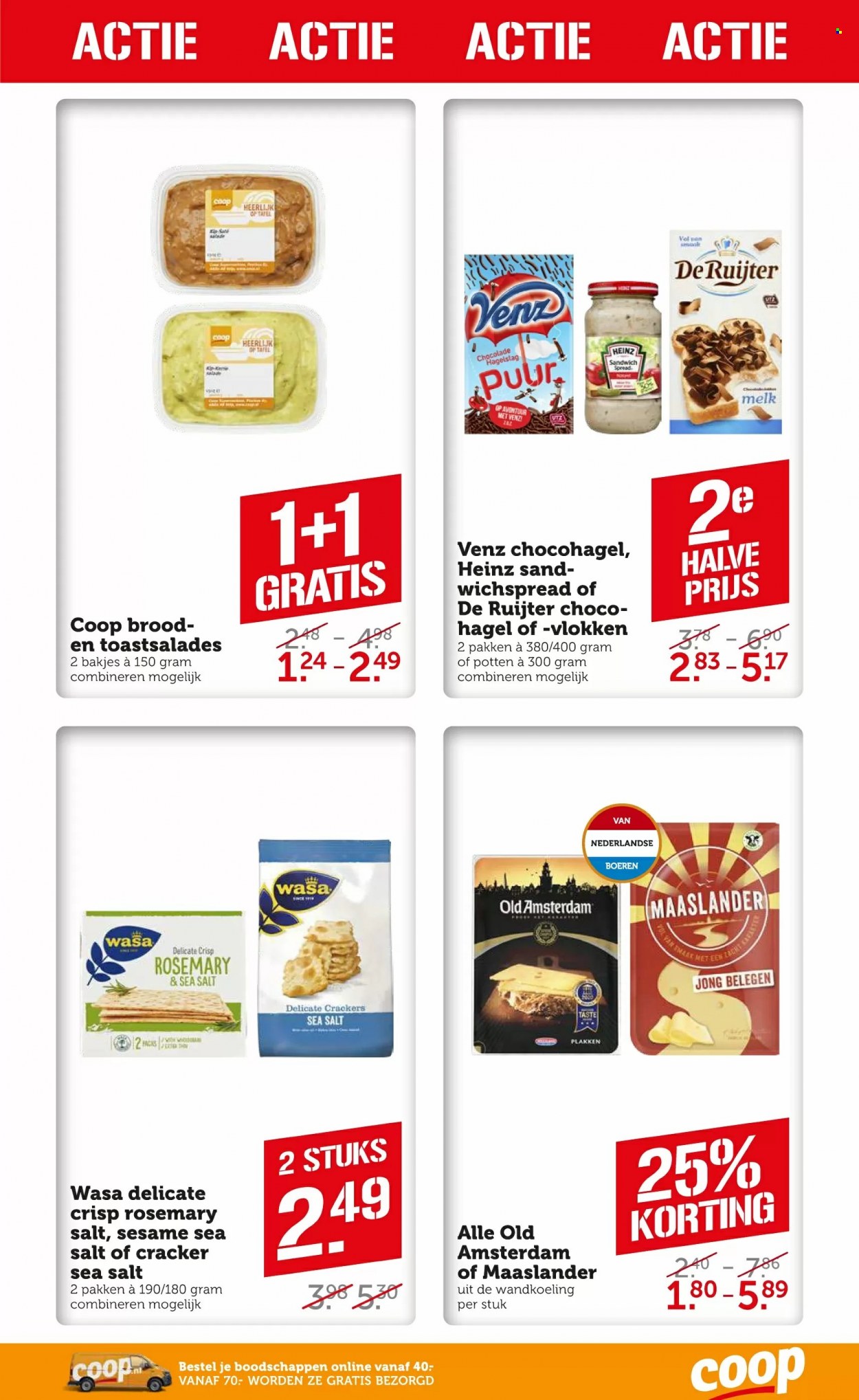 thumbnail - Coop-aanbieding - 12-12-2022 - 18-12-2022 -  producten in de aanbieding - Wasa, kaas, Old Amsterdam, melk, sandwichspread, chocolade, crackers, Heinz. Pagina 15.
