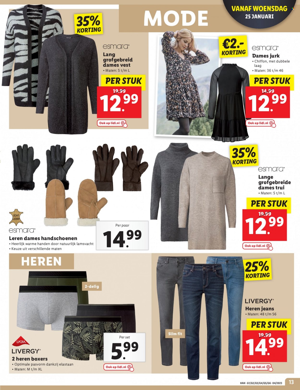 thumbnail - Lidl-aanbieding - 23-1-2023 - 29-1-2023 -  producten in de aanbieding - handschoenen, jeans, jurk, trui, vest. Pagina 13.