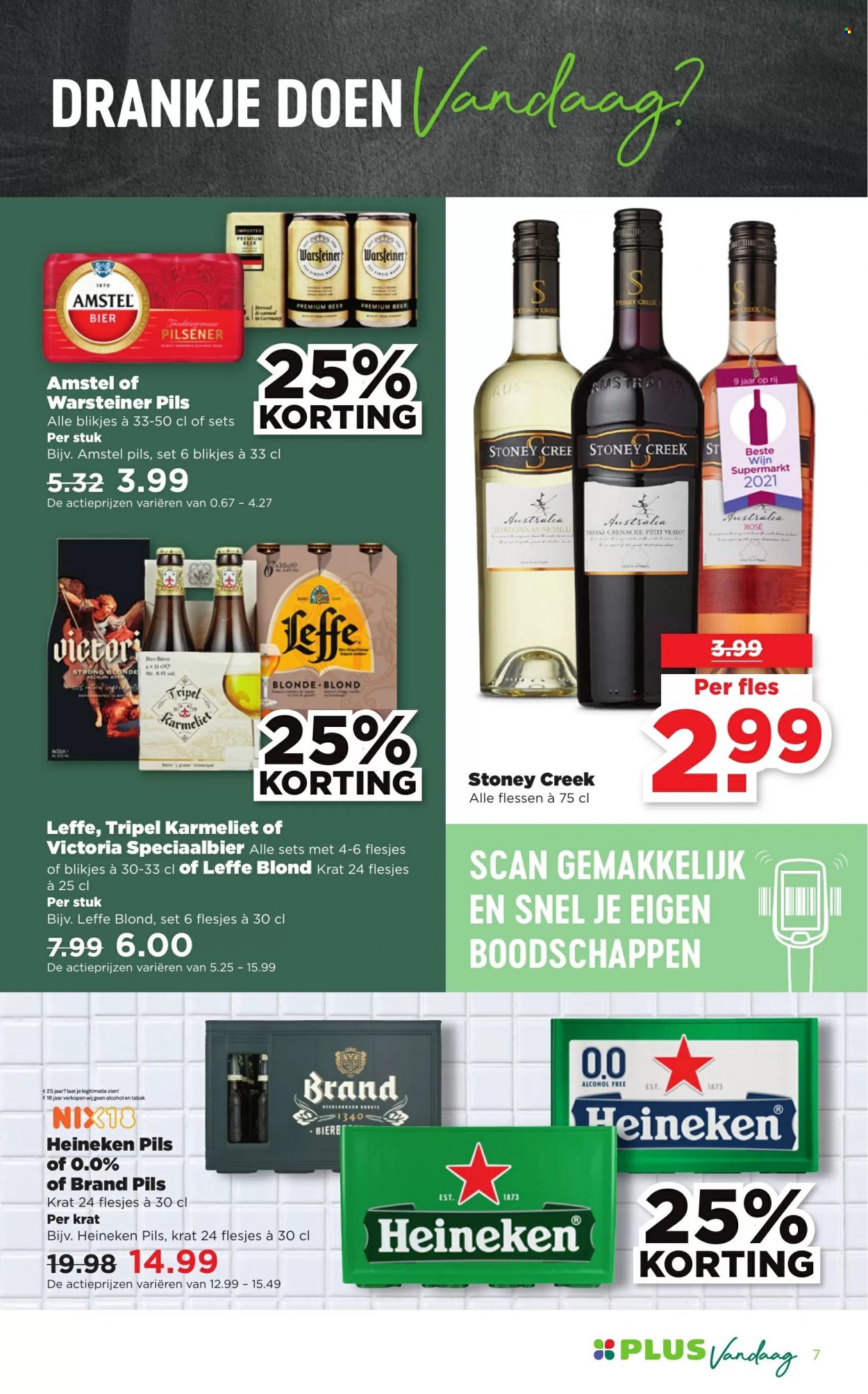 thumbnail - Plus-aanbieding - 22-1-2023 - 28-1-2023 -  producten in de aanbieding - Leffe, Warsteiner, pilsener, Amstel Bier, Heineken, bier, Chardonnay, wijn. Pagina 7.
