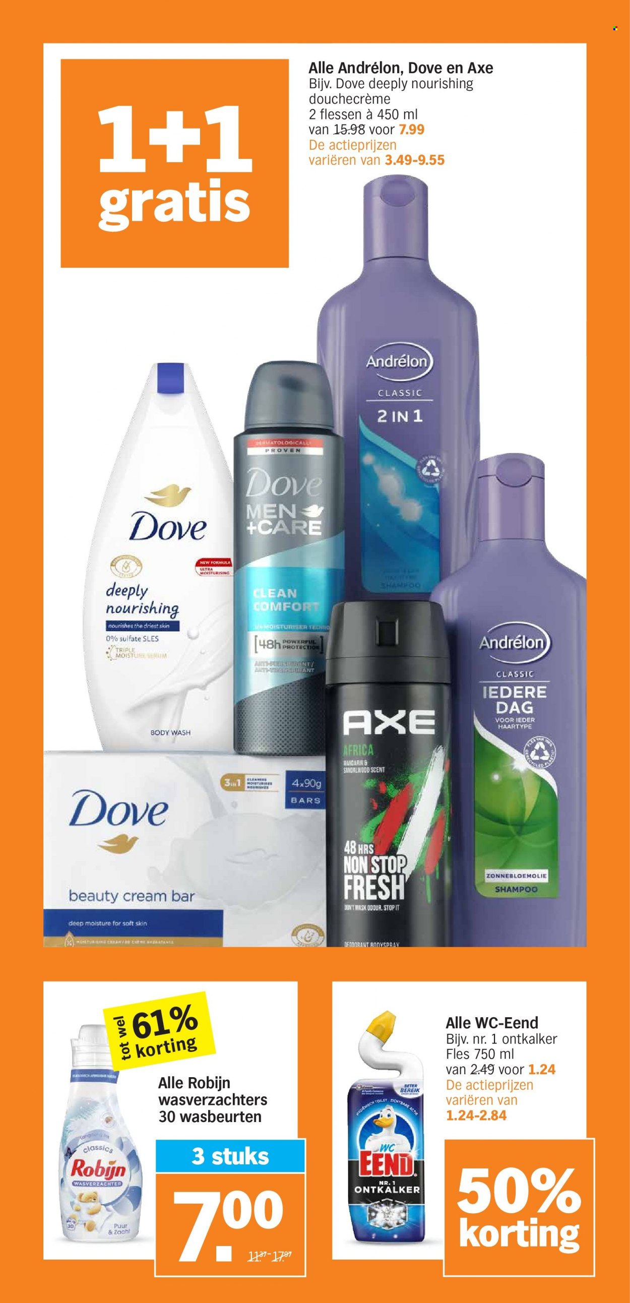 thumbnail - Albert Heijn-aanbieding - 30-1-2023 - 5-2-2023 -  producten in de aanbieding - Robijn, wasverzachter, Dove, shampoo, Axe, Andrélon, deodorant. Pagina 30.