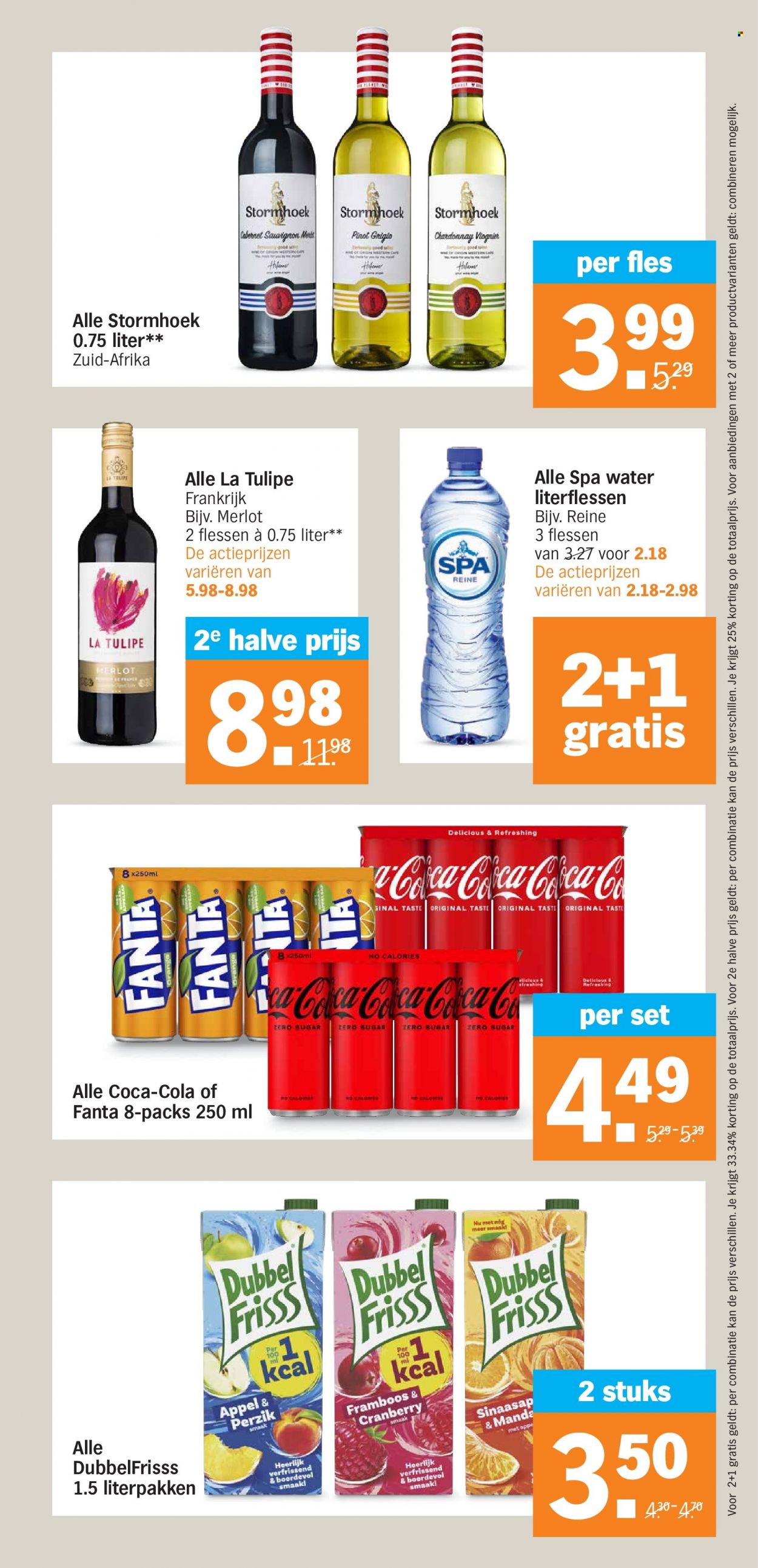 thumbnail - Albert Heijn-aanbieding - 6-2-2023 - 12-2-2023 -  producten in de aanbieding - Coca-Cola, Fanta, mineraalwater, Spa, Cabernet Sauvignon, Chardonnay, Merlot, Frankrijk. Pagina 23.
