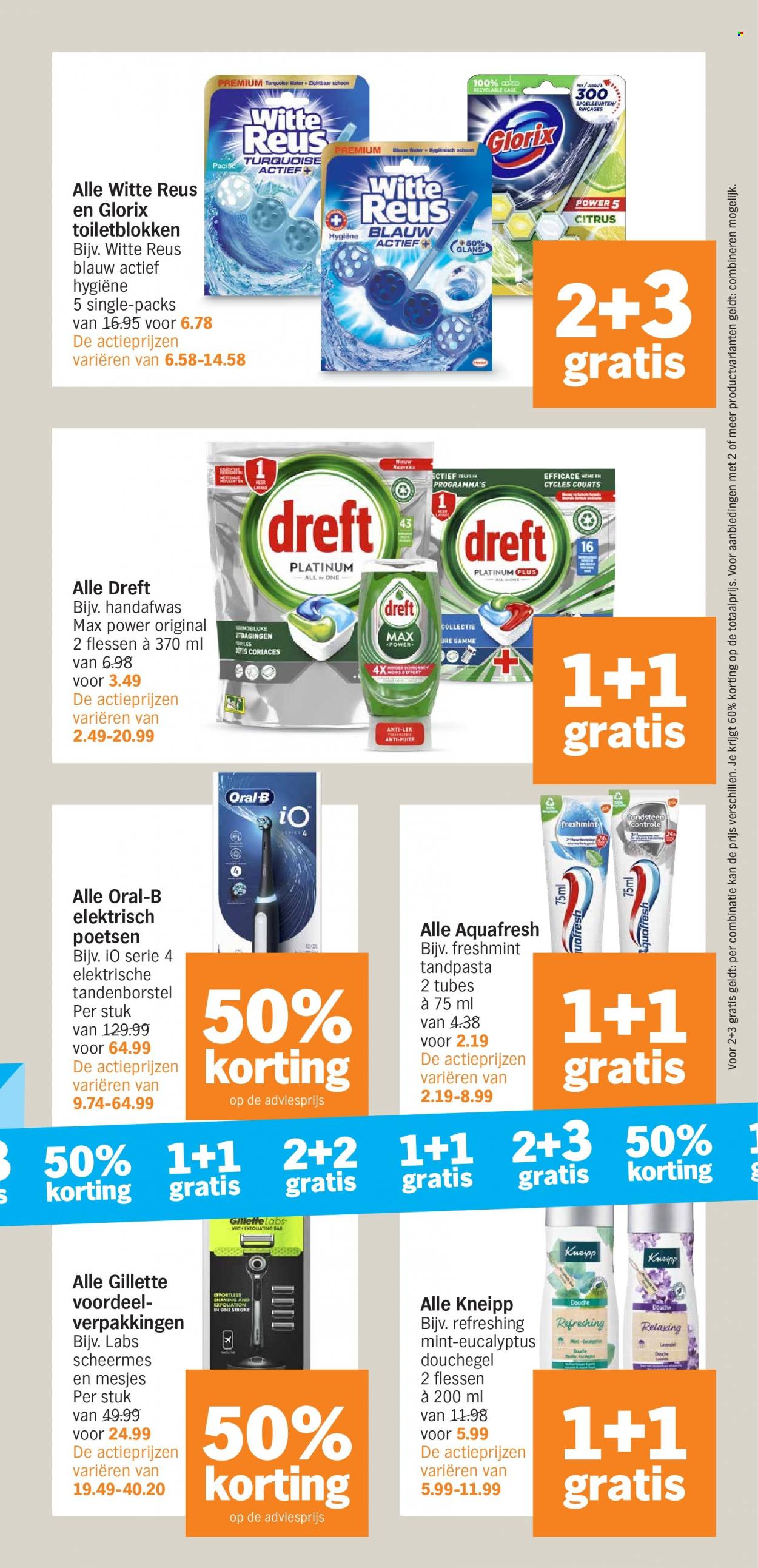 thumbnail - Albert Heijn-aanbieding - 6-2-2023 - 12-2-2023 -  producten in de aanbieding - handafwas, Dreft, douchegel, Kneipp, Aquafresh, Oral-B, tandenborstel, tandpasta, Gillette. Pagina 29.