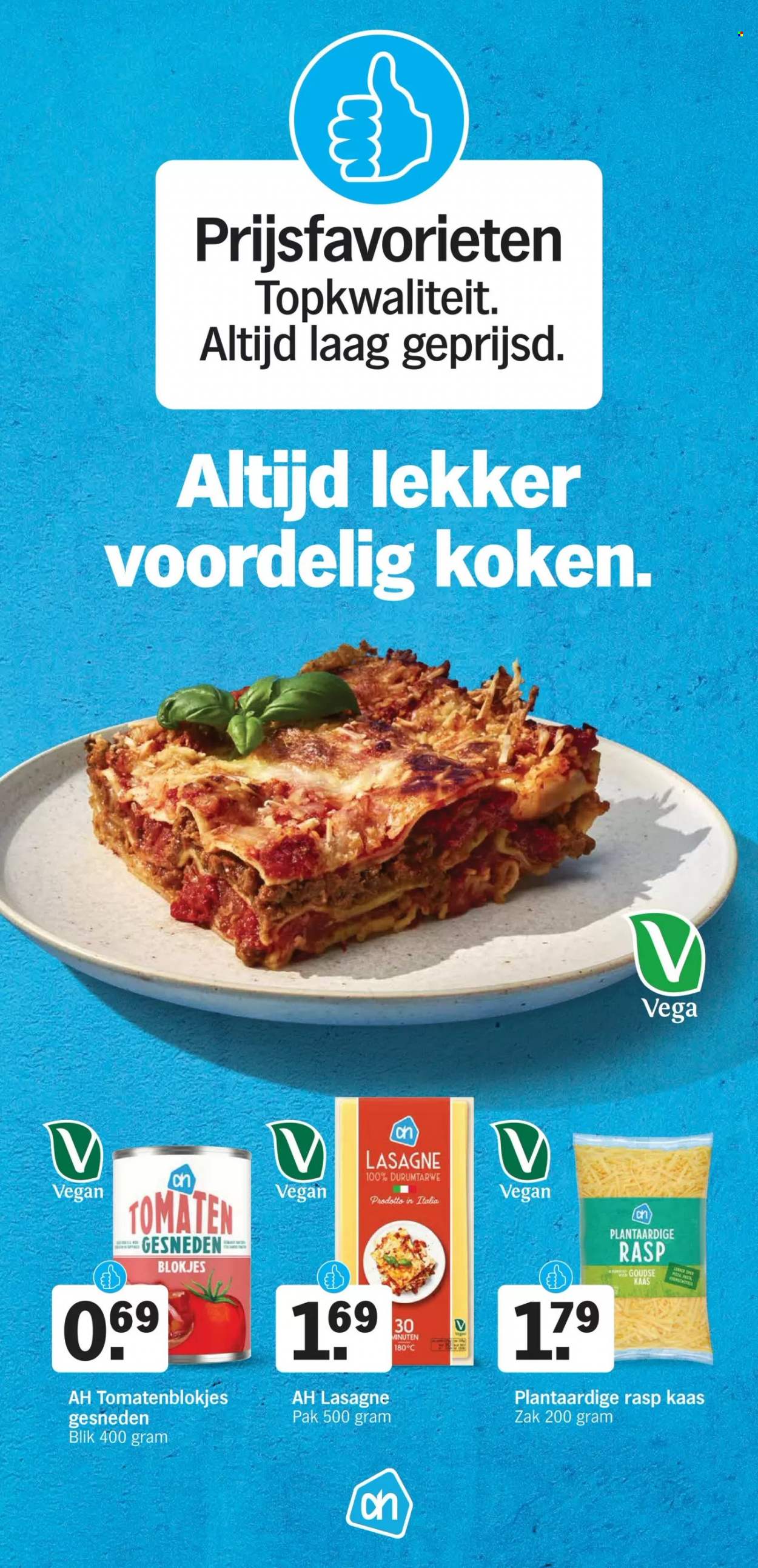 thumbnail - Albert Heijn-aanbieding -  producten in de aanbieding - tomaten, lasagne, kaas, tomatenblokjes. Pagina 9.