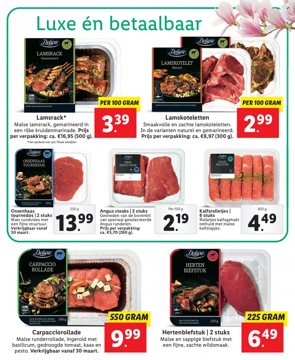 thumbnail - Lidl-aanbieding -  producten in de aanbieding - steak, rolletjes, biefstuk, ossenhaas, tournedos, rundvlees, hertenbiefstuk, lamsrack, kaas. Pagina 47.