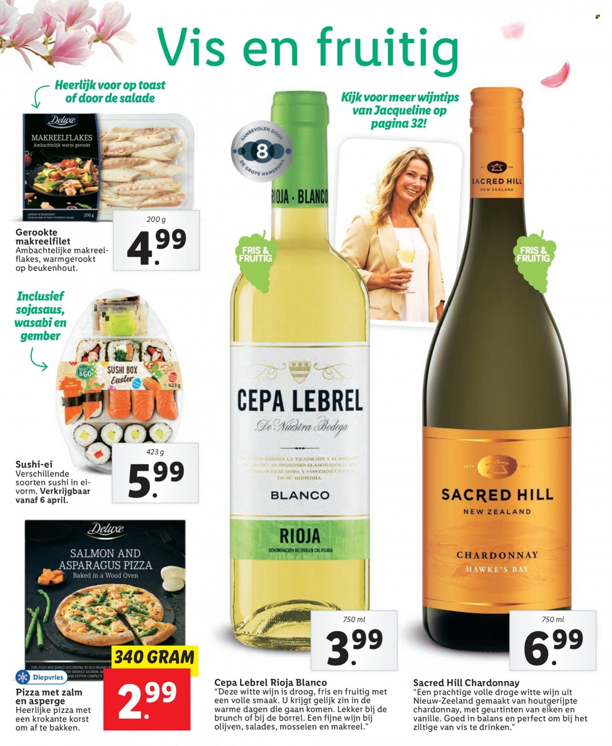 thumbnail - Lidl-aanbieding -  producten in de aanbieding - makreel, gerookte makreel, olijven, wasabi, Chardonnay, Rioja, witte wijn. Pagina 52.