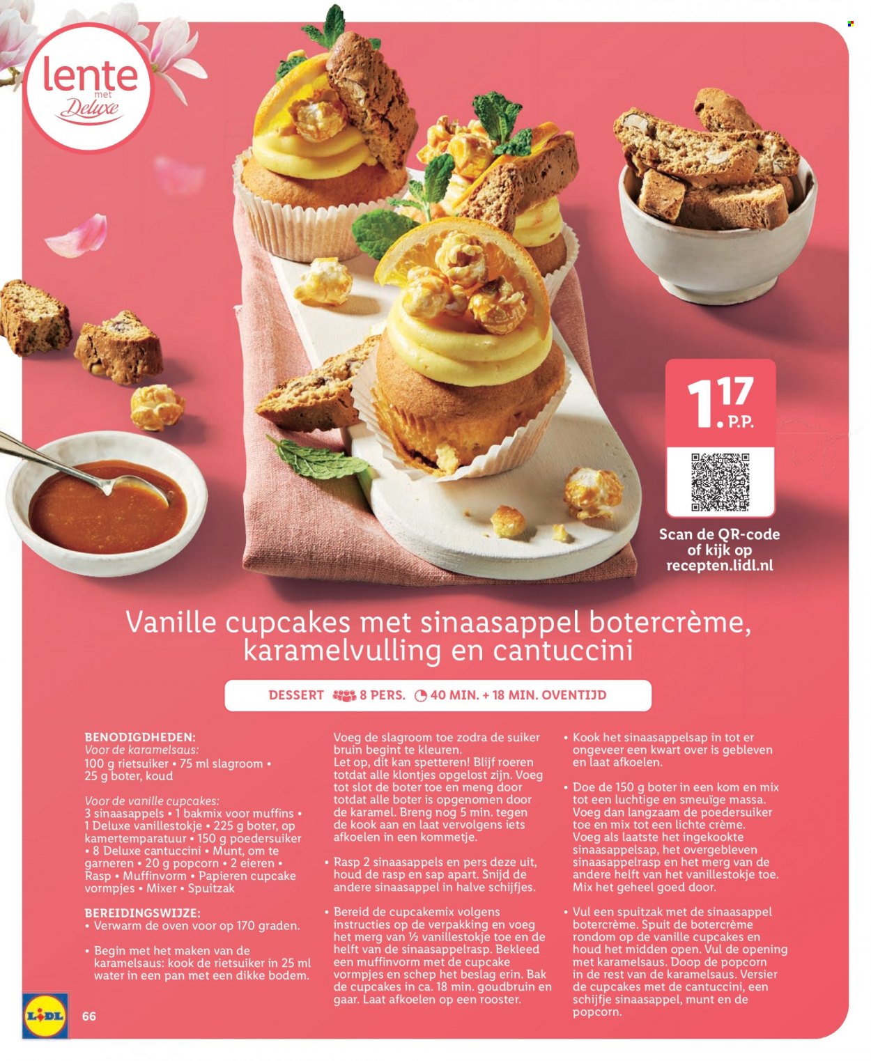 thumbnail - Lidl-aanbieding -  producten in de aanbieding - cupcakes, muffins, crème, slagroom, popcorn, poedersuiker, suiker, bruine basterdsuiker, sinaasappelsap. Pagina 66.