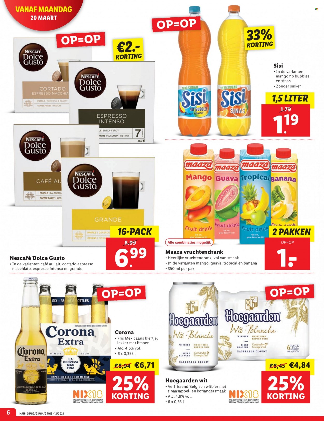 thumbnail - Lidl-aanbieding - 20-3-2023 - 26-3-2023 -  producten in de aanbieding - bier, Corona Extra, suiker, Dolce Gusto, Espresso, Nescafé. Pagina 6.