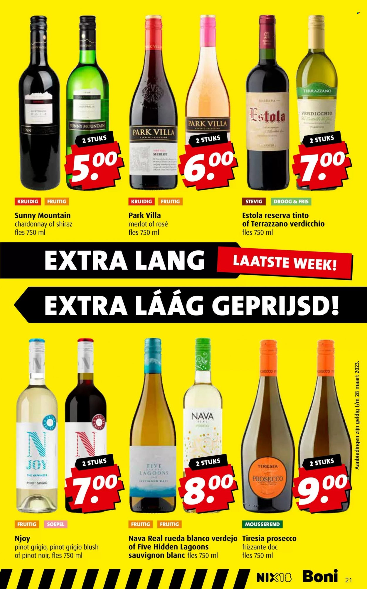 thumbnail - Boni-aanbieding - 22-3-2023 - 28-3-2023 -  producten in de aanbieding - Chardonnay, Merlot, prosecco, Pinot Noir, Sauvignon Blanc. Pagina 21.